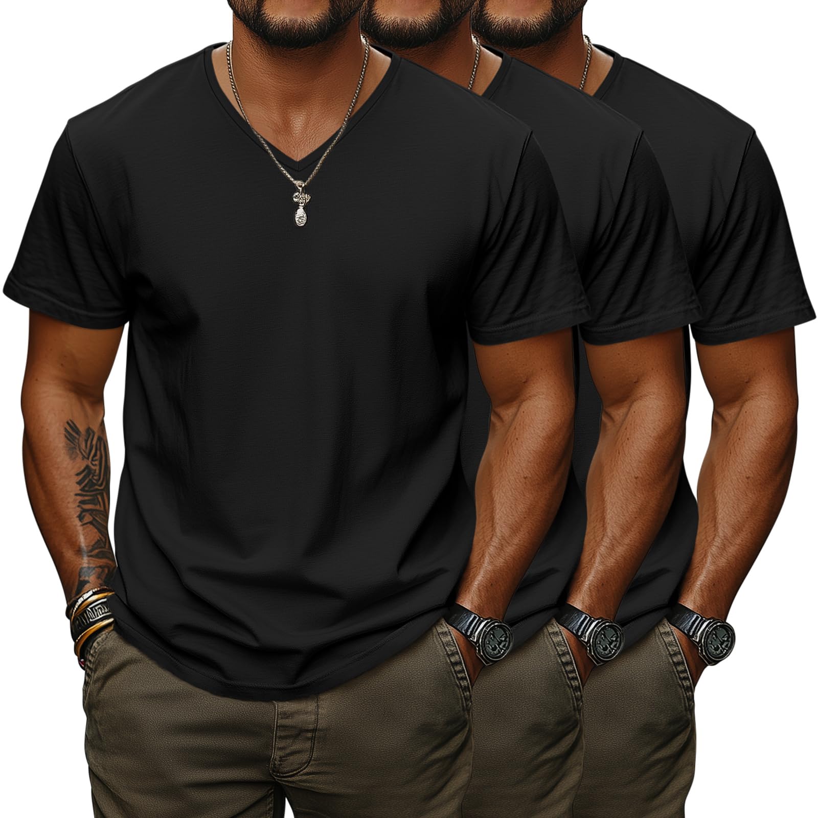Ficerd 3 Pack Big and Tall V Neck Shirts for Men, Cotton Short Sleeve T Shirts Loose Casual Summer Basic Tee