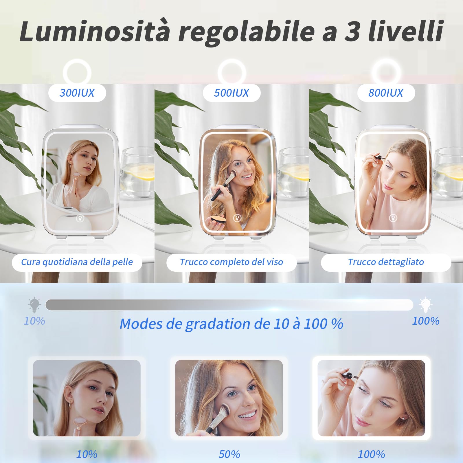 YASHE Mini Frigo per Camera, Frigo Skincare con Specchio LED, Piccolo Frigo da 4 L portatile, Termoelettrico, Riscaldatore e Raffreddatore 220V AC / 12V DC per Auto, Ufficio, Dormitorio (bianco)