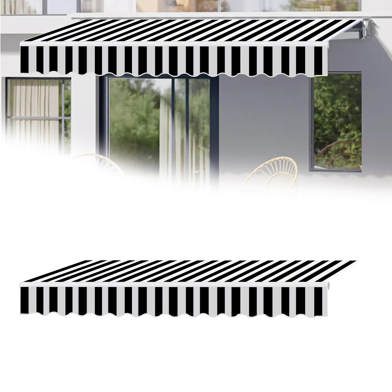 Waterproof Garden Patio Awning Canopy with Fabric Top Cover and Front Valance for Home and Commercial Use Black Stripes 8.2x6.5ft