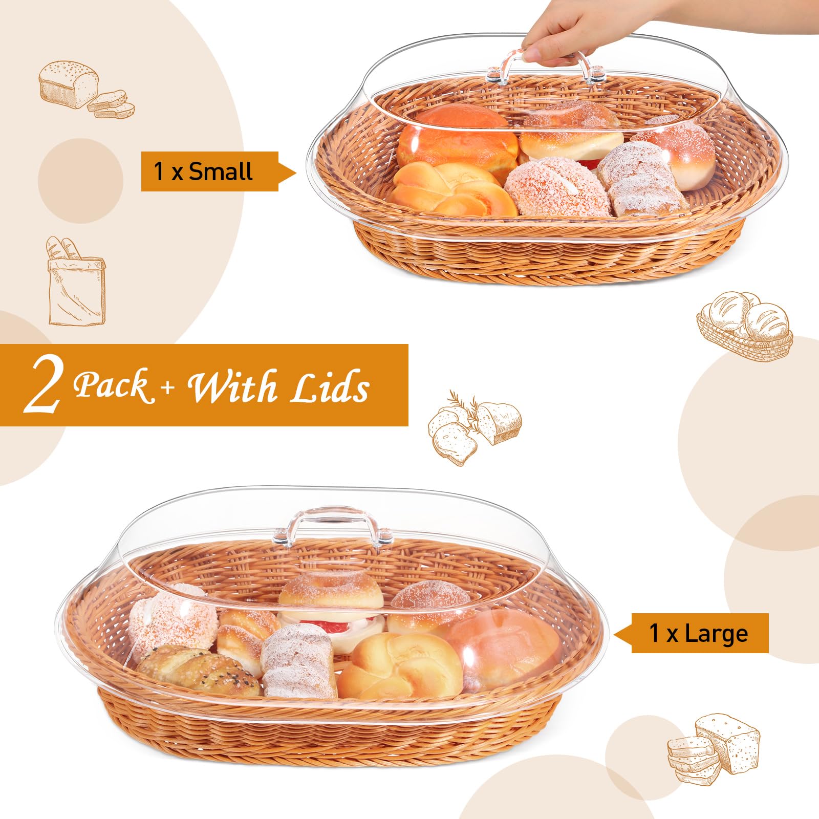 Hushee 2 Set Imitation Rattan Bread Basket with Lid Wicker Bread Baskets for Serving Woven Fruit Basket with Cover Oval Food Baskets for World Baking Day(13.78 x 9.84 Inch, 15.75 x 11.81 Inch)