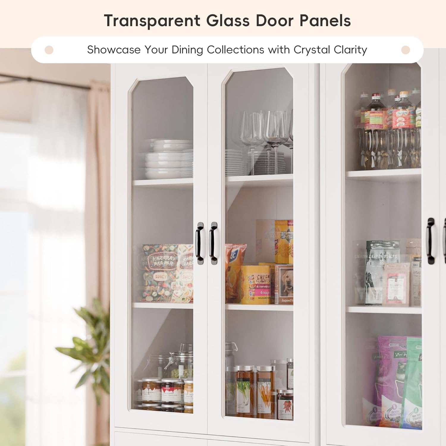 MU 78.7" Tall Kitchen Pantry with 2 Glass Doors, Freestanding China Cabinet with Adjustable Shelves, Large Kitchen Pantry Storage Cabinet Cupboard for Dining Room, Living Room, White (Large, 31.5" W)