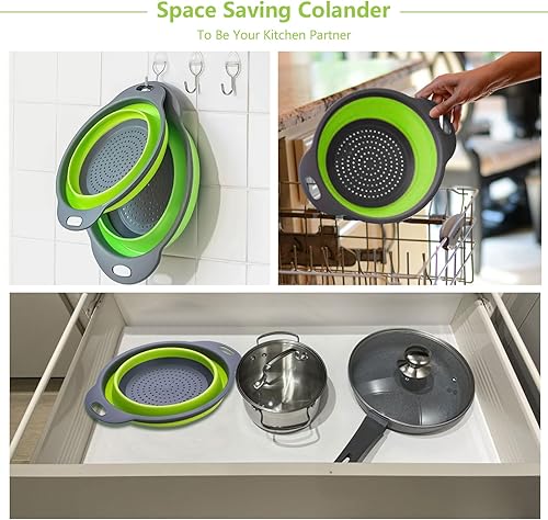 Miniatura 7 de Juego de 3 coladores plegables – Resistente al calor lavado y drenaje de verduras frutas pasta – Perfecto para cocina y viajes (3 unidades, verde)