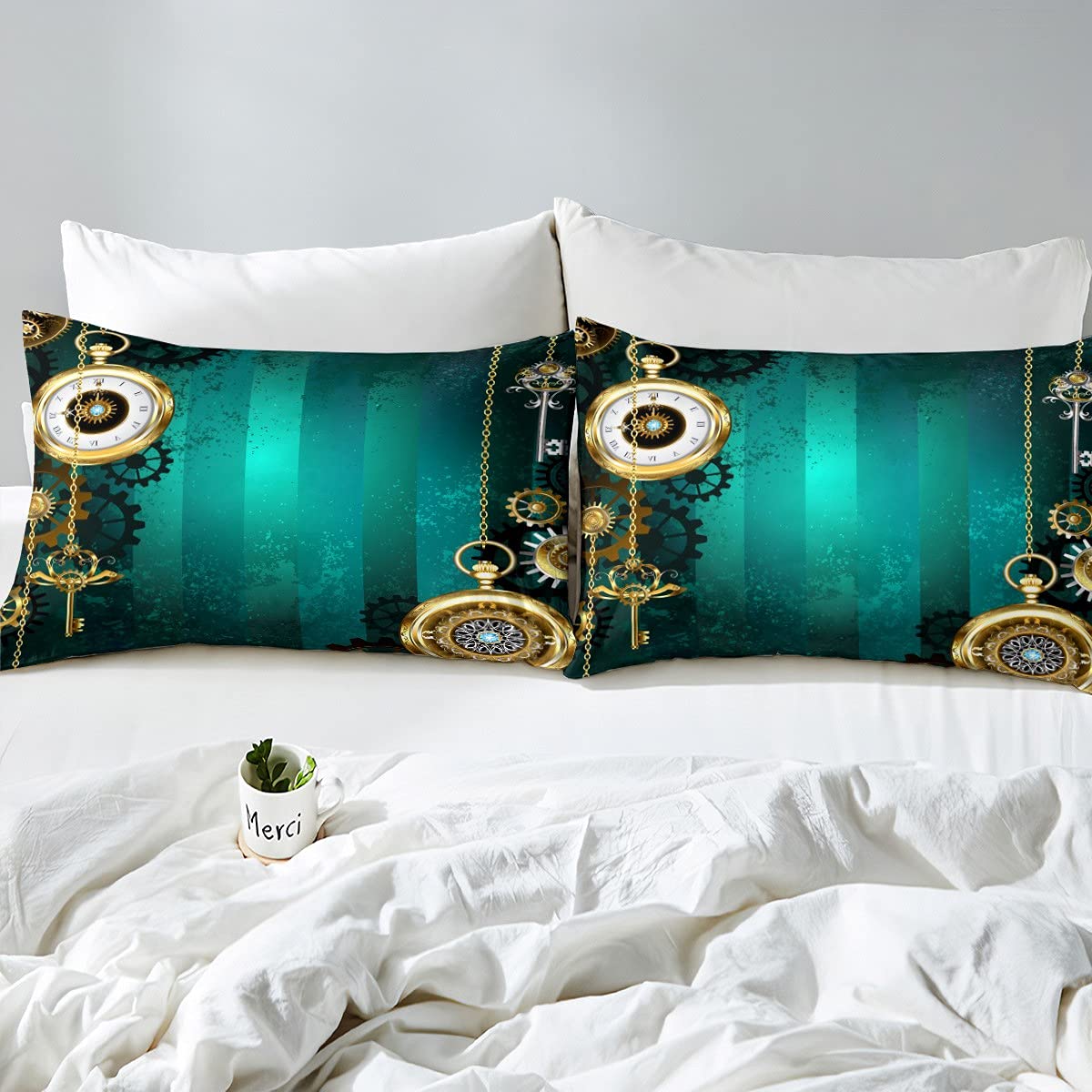 Loussiesd Steampunk biżuteria złoty zegarek zestaw pościeli dla dzieci dziewcząt chłopców zegar koła zębate pościel i len mechaniczny łańcuszek i klucze poszewka na kołdrę retro zielona tekstura