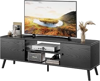 TV Stand for 55 60 inch TV, Modern Mid Century Entertainment Center with Storage, Wooden Media Console Table with 2 Cabinets for Living Room Bedroom, Black