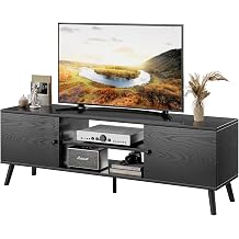TV Stand for 55 60 inch TV, Modern Mid Century Entertainment Center with Storage, Wooden Media Console Table with 2 Cabinets for Living Room Bedroom, Black