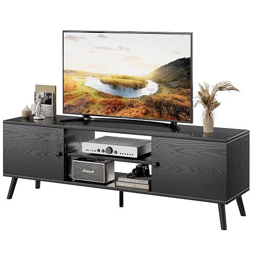 HAPPYMONT TV Stand for 55 60 inch TV, Modern Mid Century Entertainment Center with Storage, Wooden Media Console Table with 2 Cabinets for Living Room Bedroom, Black