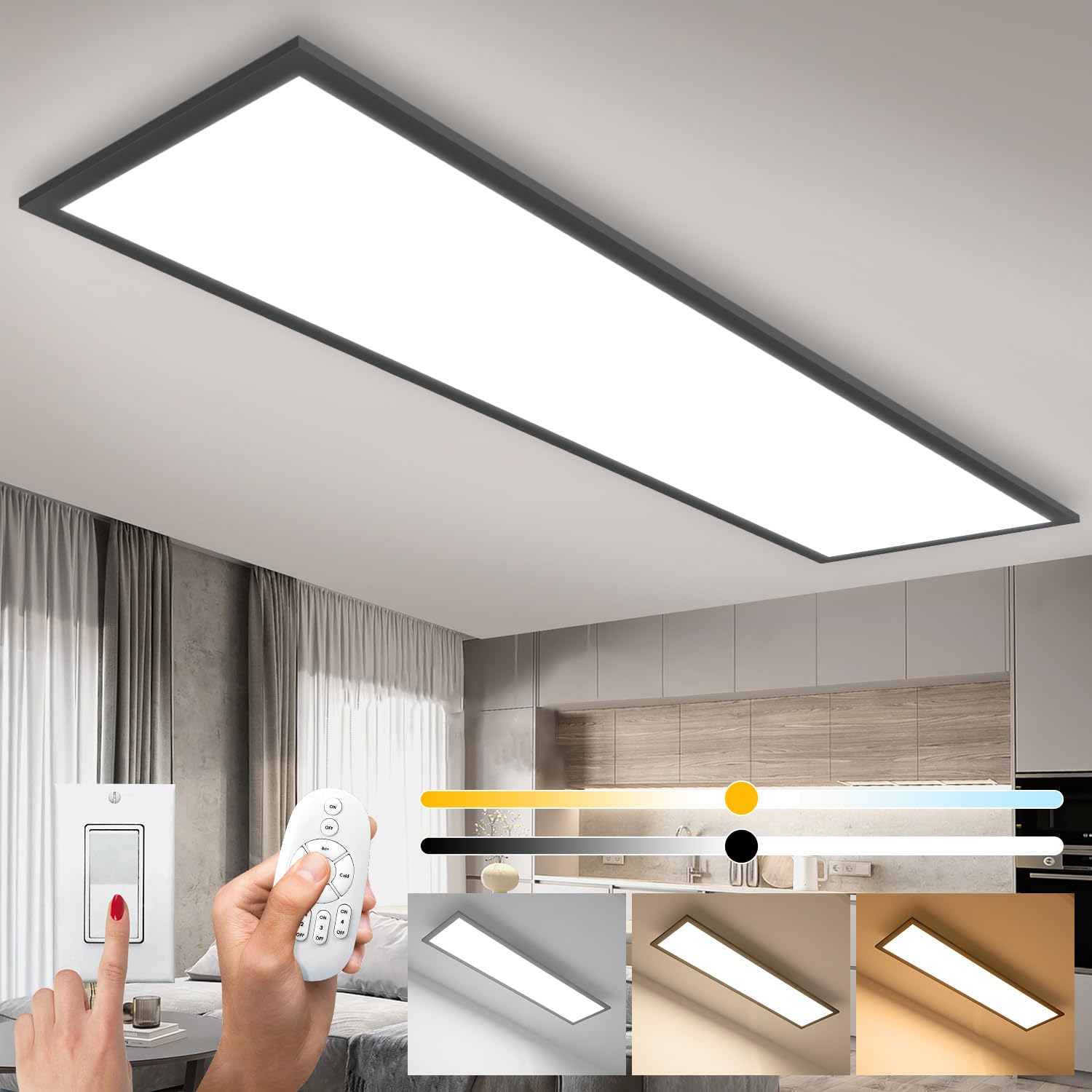 Thanger Plafoniera LED dimmerabile 100x25 cm, Lampada da Soffitto con Funzione di Memoria Telecomando 28W, Lampada da Pannello ad Alta Luminosità 2700K-6500K Luce per Cucina Garage Ufficio Soggiorno