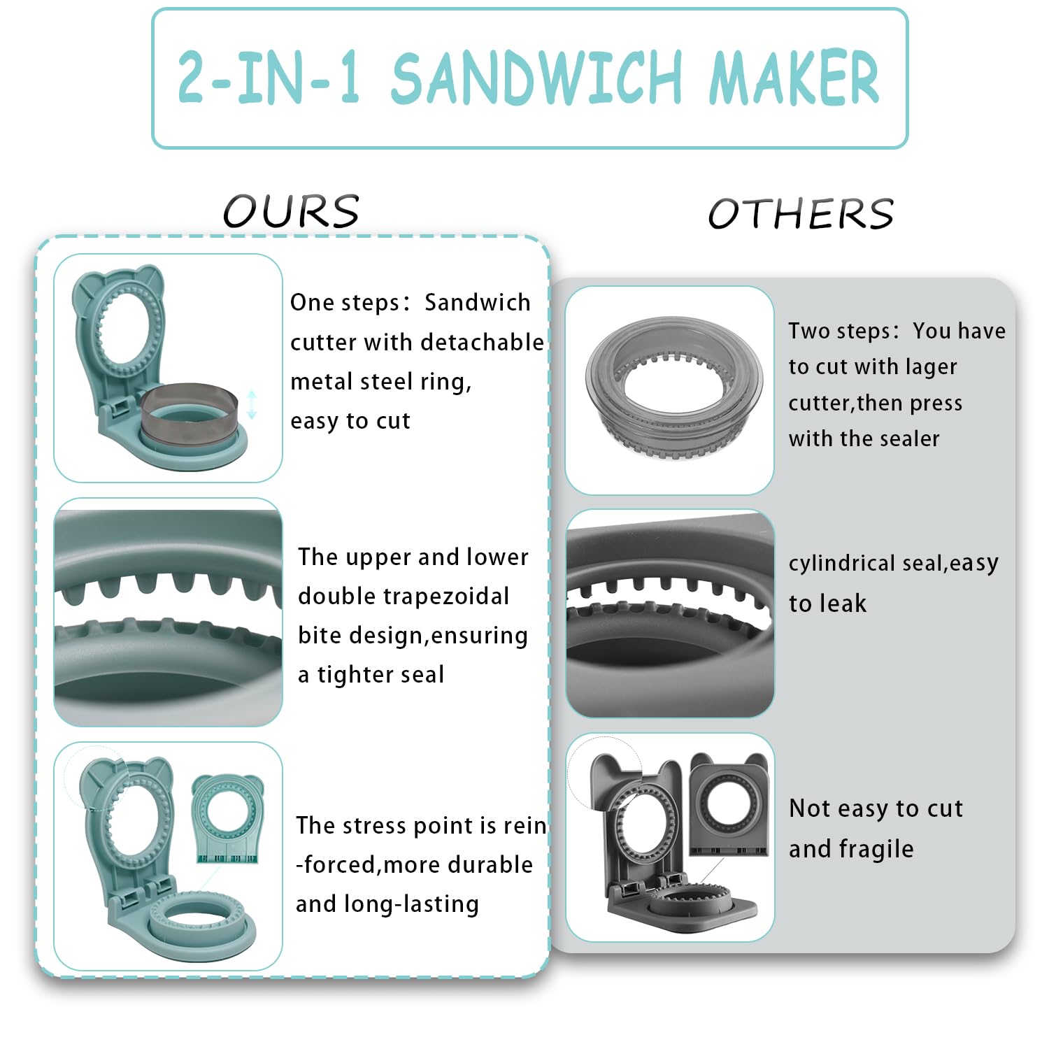 Cortador de sándwich y sellador, cortadores de sándwich redondos y cuadrados con borde de sellado, cortador de sándwich sin corteza con cepillo, sellador de sándwich para bricolaje, desayuno 3