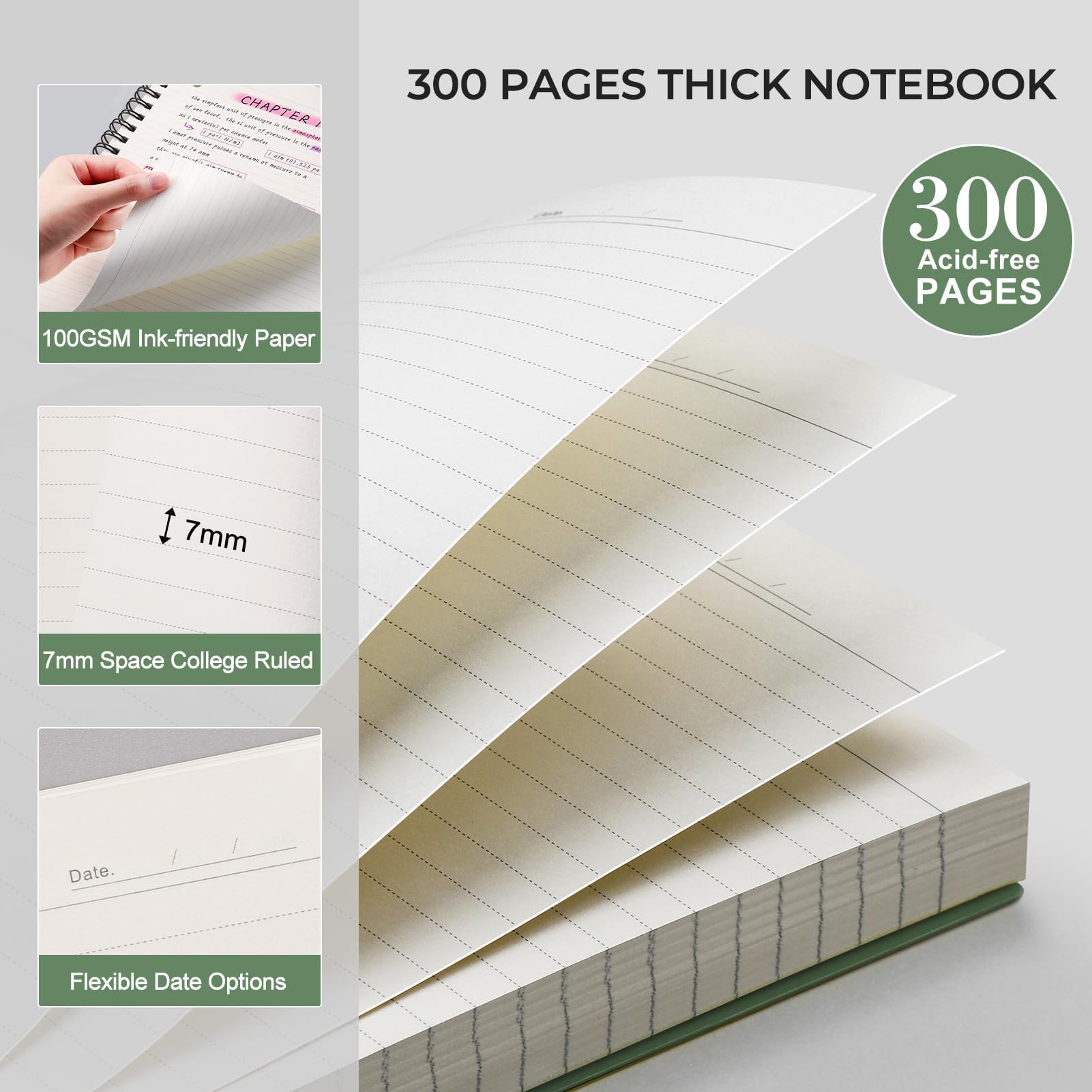 AHGXG Quaderno a spirale a righe, formato A4, 21,6 x 27,9 cm, 300 pagine perforate facili da strappare, carta spessa 100 g/m², copertina rigida in plastica, per scrivere, lavoro, scuola, verde