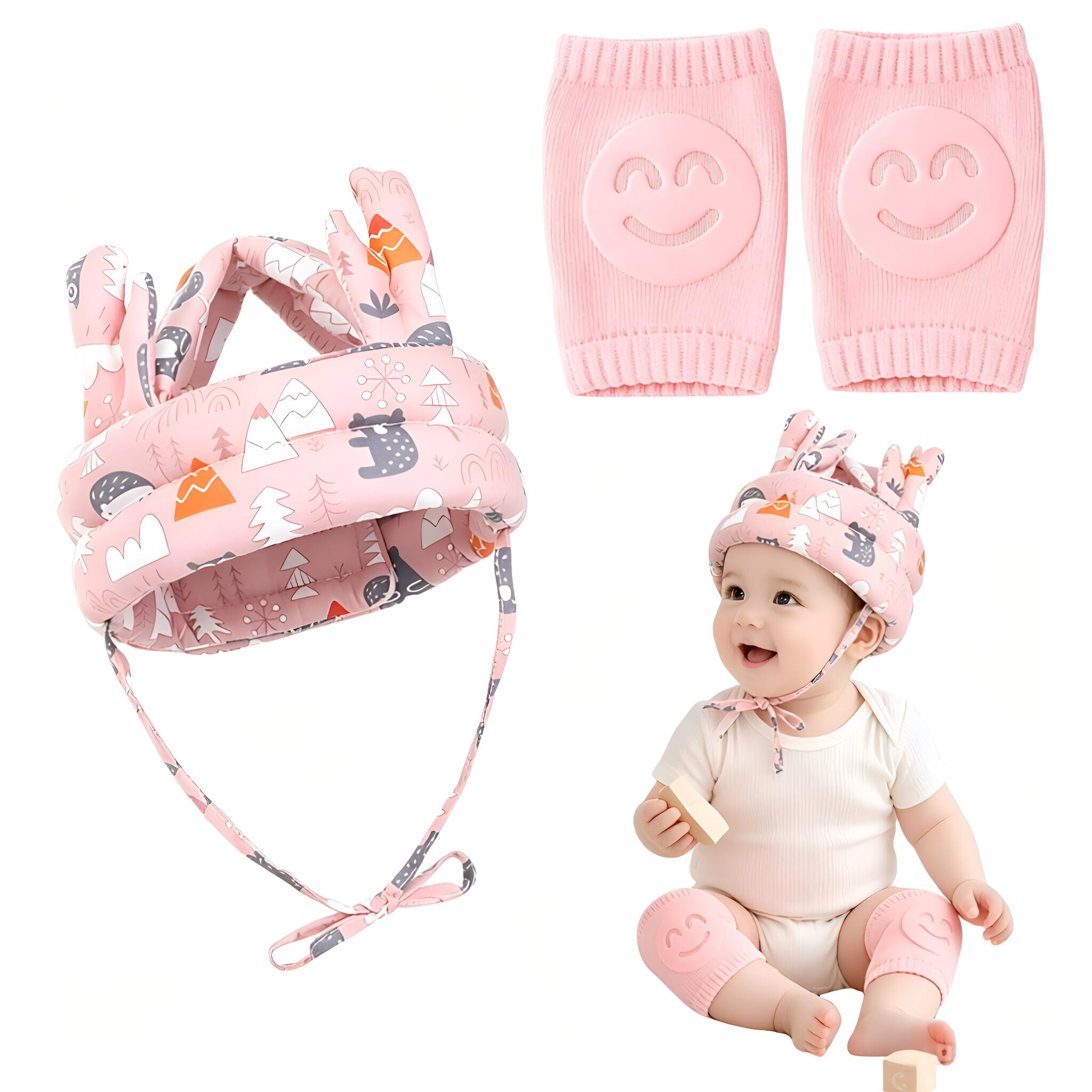 3PCS Baby Head Protector, Head Protection for Baby, Baby Helmet, Baby Knee Pads Set, Soft Lightweight Breathable Anti Collision Gear for Infant Crawling Learning Walking Indoor Daily Activity (Pink)