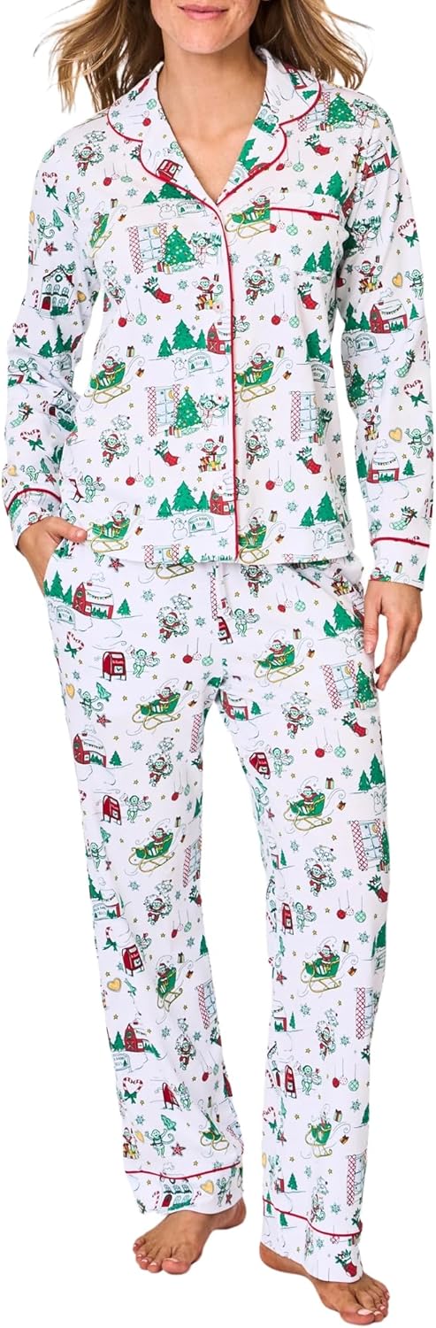 Women Y2k Monkey Pajamas Set Button Down Sleepwear Loungewear Pjs for Jammies Party Christmas Thanksgiving Gift Christmas#snow Village Medium - Image 1 of 6