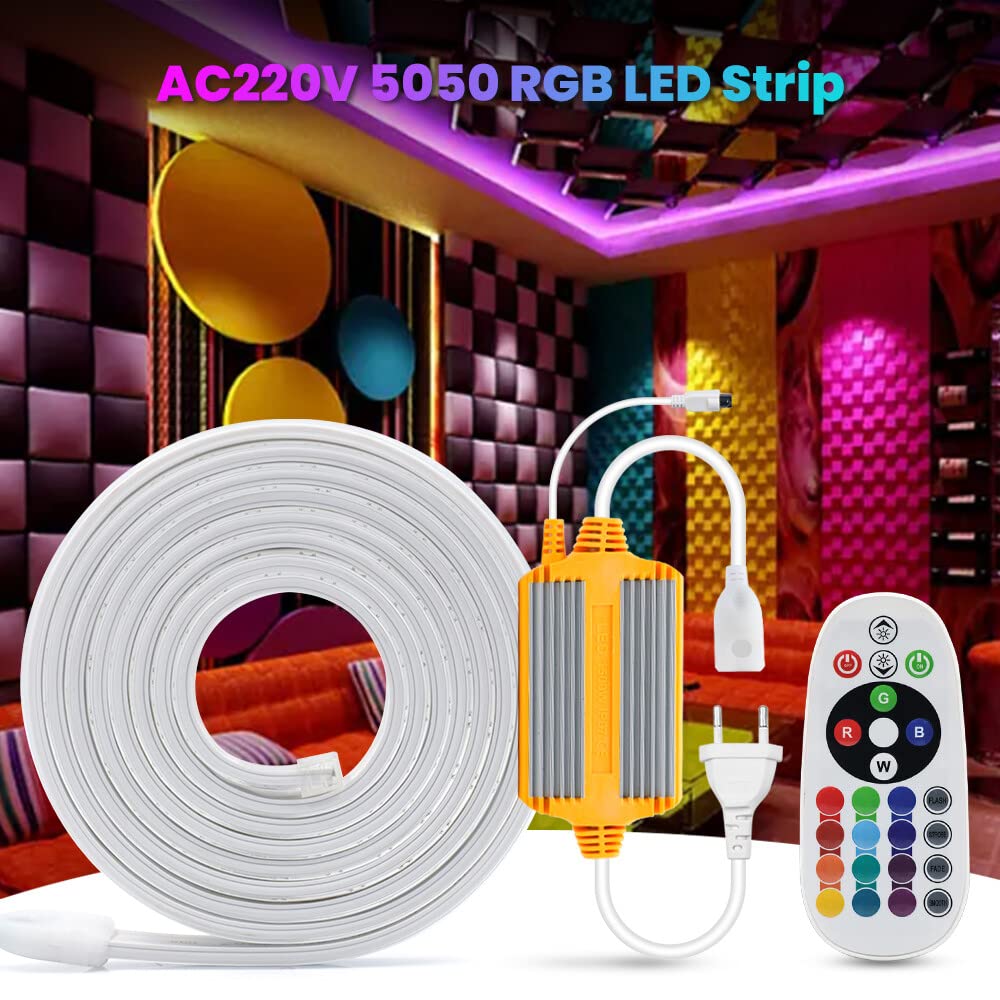 RGB LED Streifen 25M,AC220-240V SMD5050 60LEDs/m Wasserdichte Flexibel Bunt Streifen,1500W Regler Außenbereich Multi-Farbwechsel LED Lichtband mit 24 Tasten Fernbedienung für Wohnzimmer, Balkon