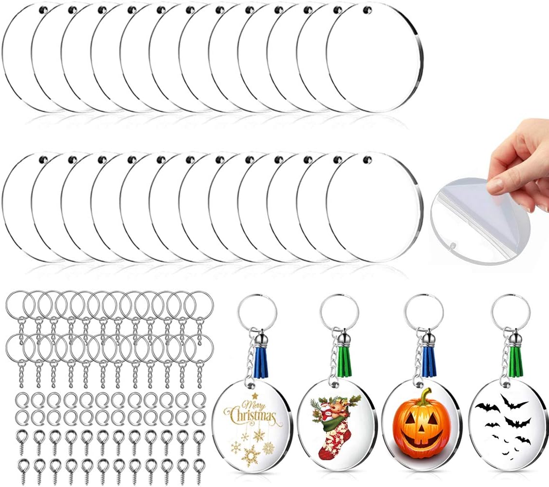 319 Pcs Acrylic Transparent Keychain Circle Discs Blanks Set, 50 Pcs Acrylic Clear Round Blanks with Key Chain Ring, Tassels, PU Necklace, Cell Phone Straps and Small Colorful Bells for DIY Projects
