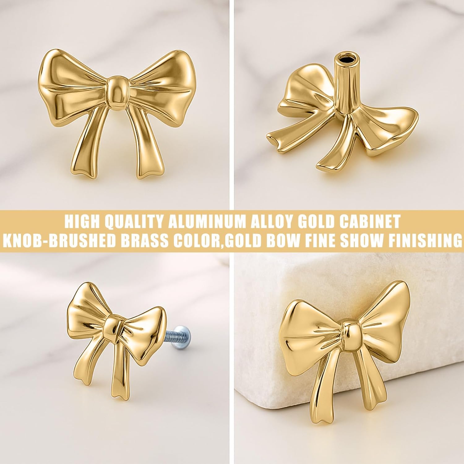 Hotop 45 Pack Bow Dresser Knobs Gold Cabinet Drawer Knobs with 2 Kinds Screws for Hardware Dresser Kitchen Drawer Aluminum Alloy Oxidation Wire Drawing Handle, 1.57" x 1.18" (Brushed Gold)