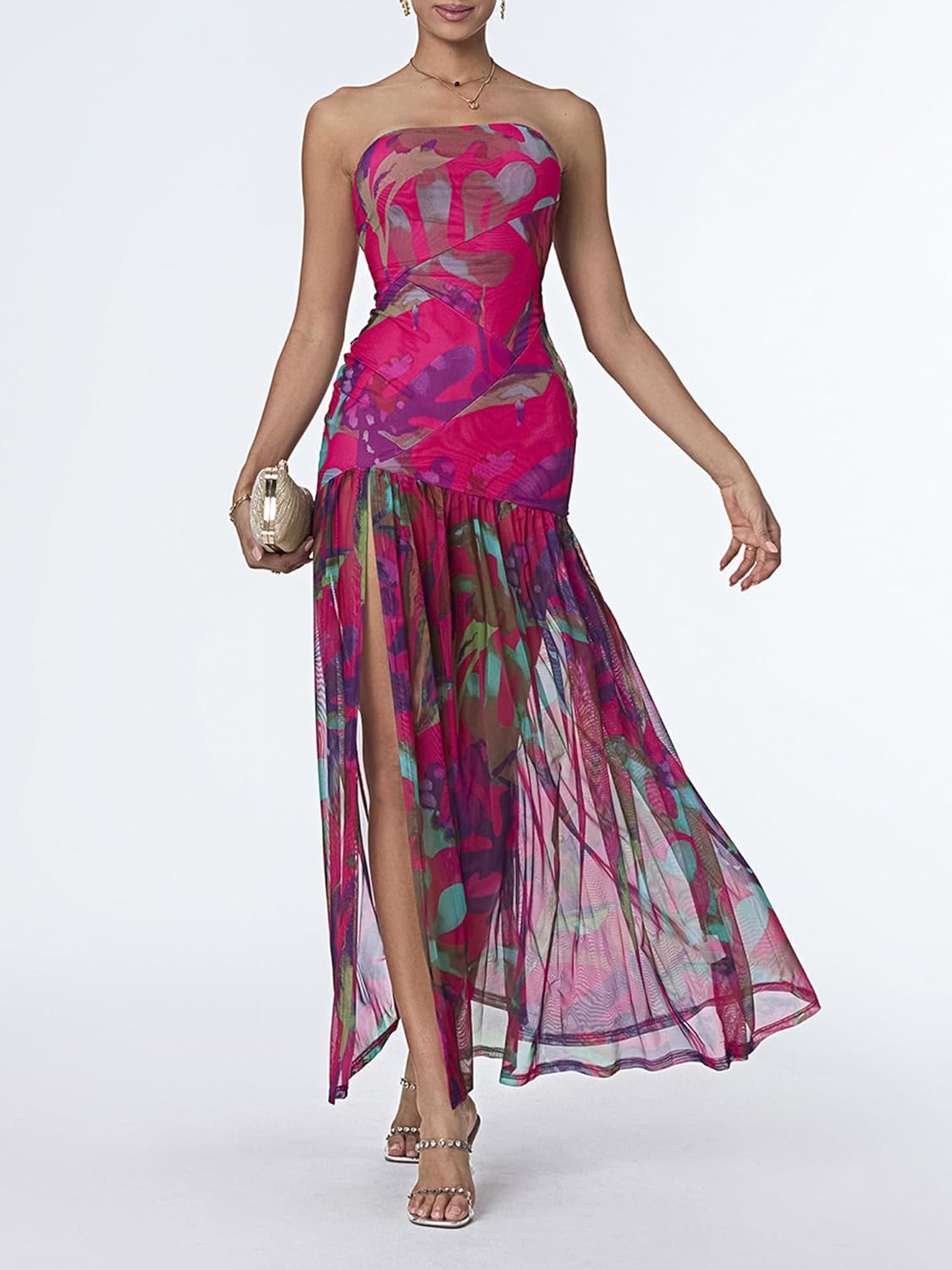 Women Strapless Tube Top Dress Summer Backless Leopard Print High Slit Long Dress Party Club Night Out Dress - Image 2