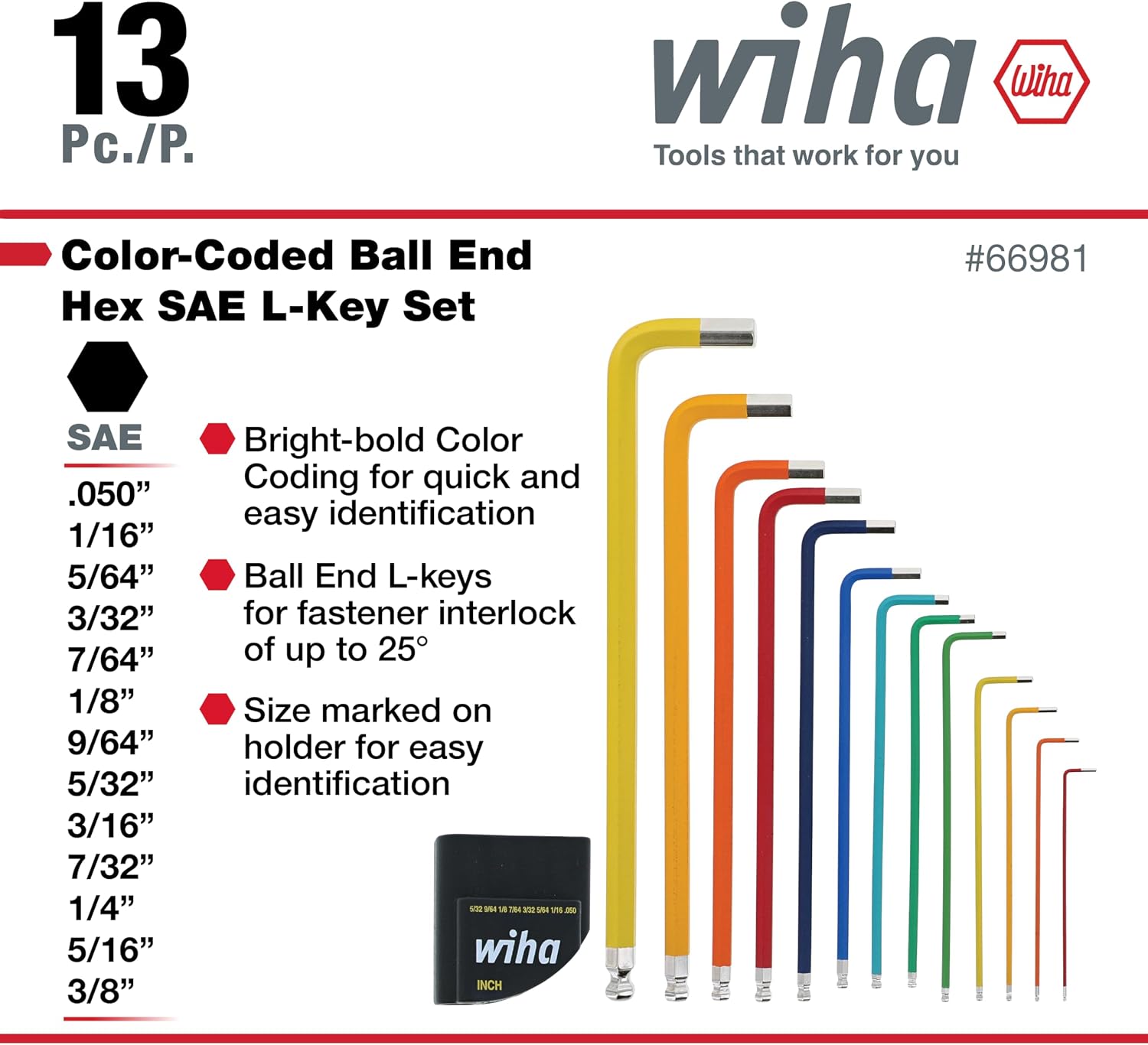 Wiha Ball End Allen Wrench/Hex L-Key Set, 22 Pieces, Metric & Standard/SAE, Color Coded, Textured Grip, Includes Holder, Made in Germany
