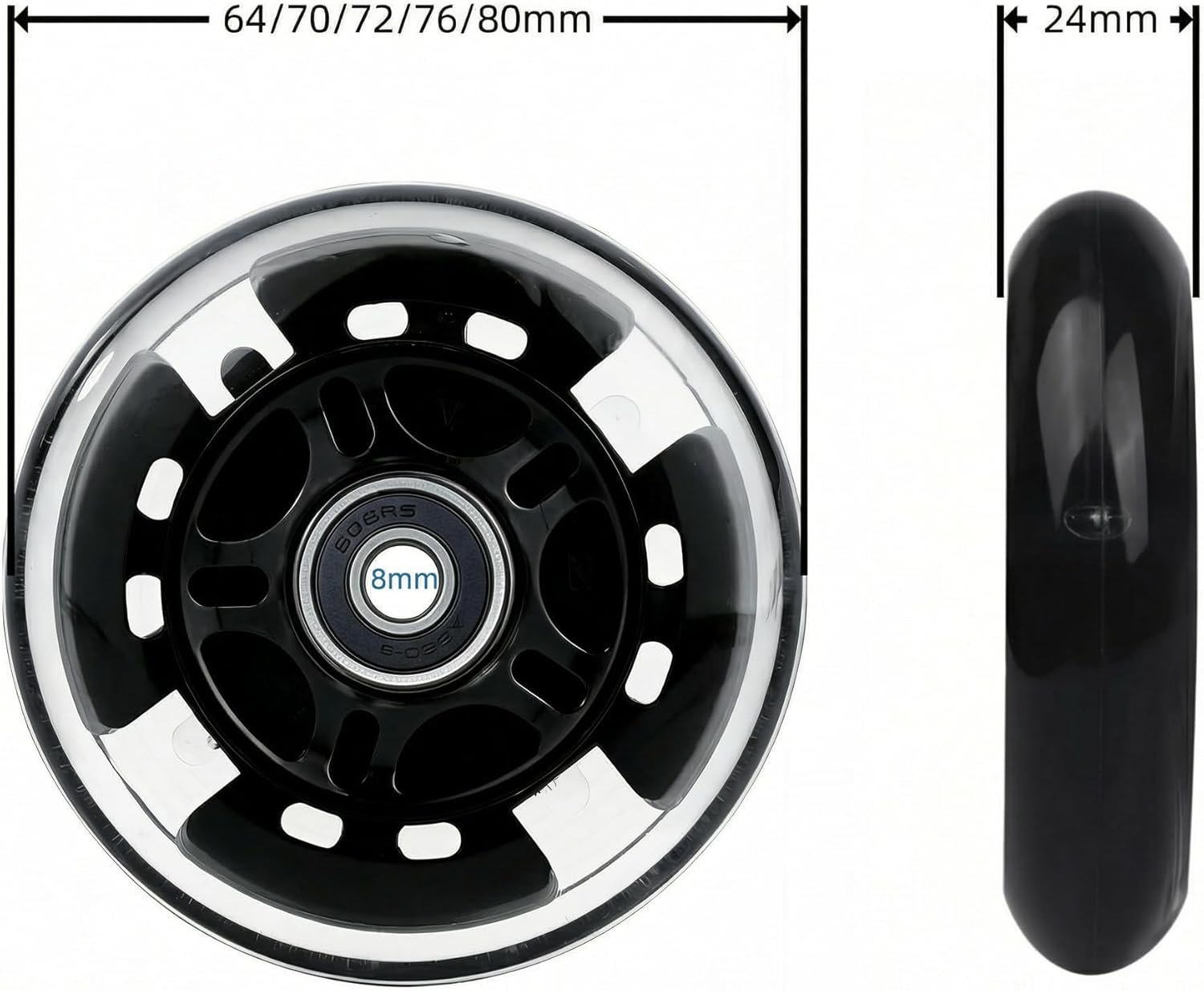 8 Pack Light Up Inline Skate Wheels 64/70/72/76/80mm - 85A PU Flashing Wheels with ABEC-9 Bearings & Spacers, Indoor Outdoor Replacement Wheels for Kids Youth Adults (Black, 80mm)