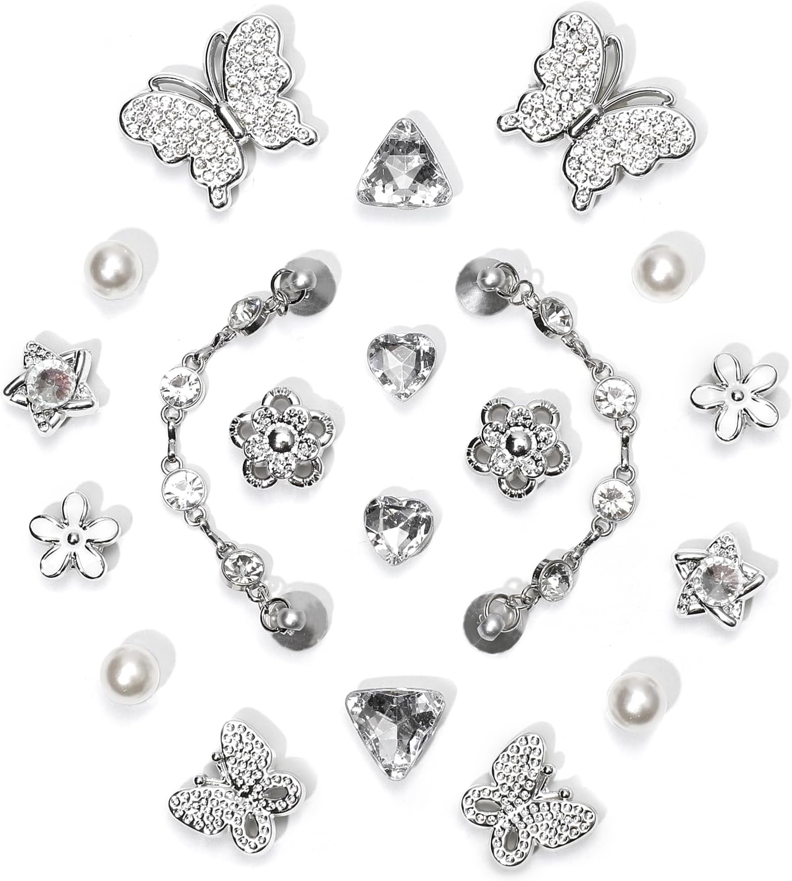 20pcs Bling Gems Plastic Butterfly Flower Sparkling Rhinestones Pearl DIY Shoe Decoration Charms for Women's Party Favor