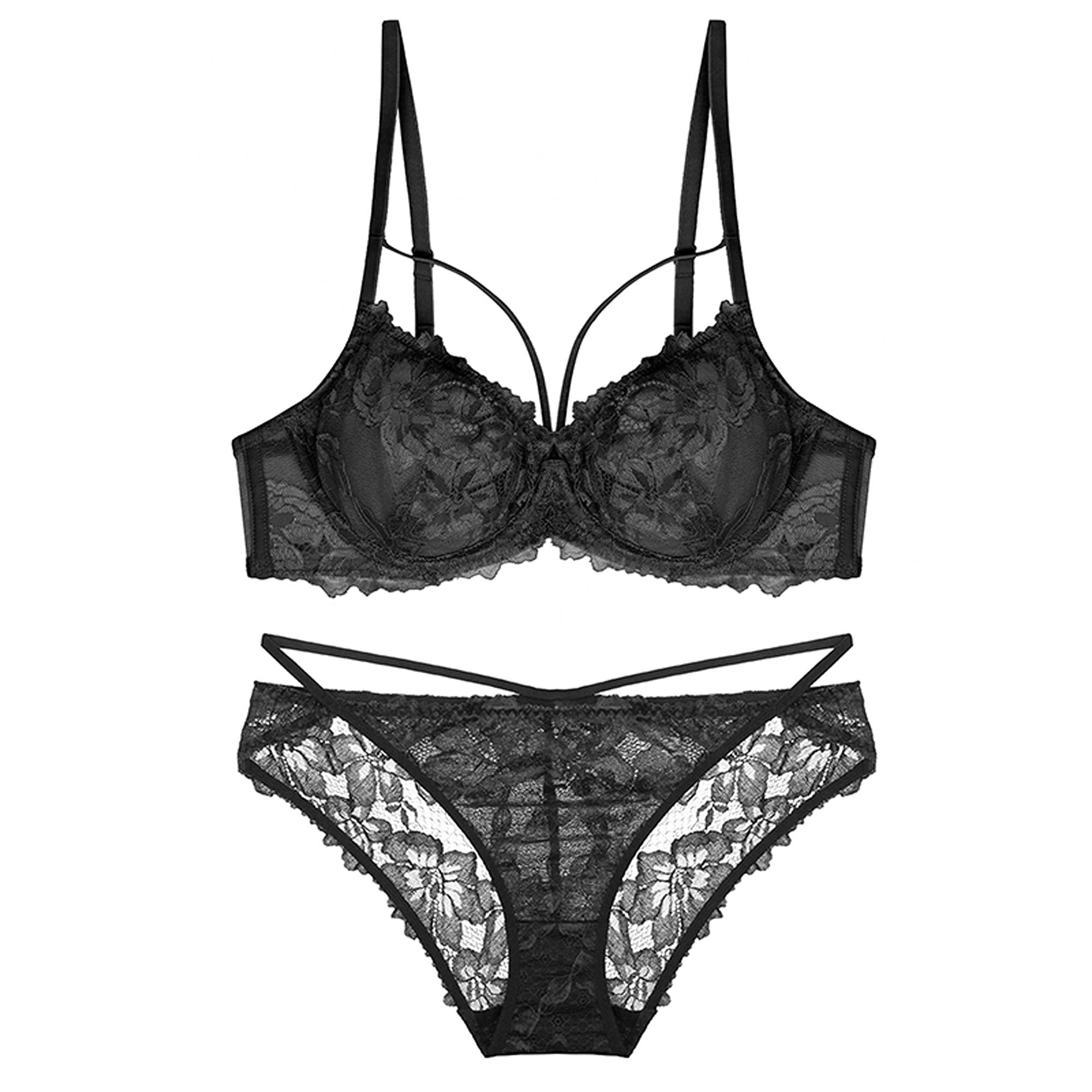 WENJUN Conjunto de lencería para mujer, sujetador y bragas, sujetador de encaje sexy sin acolchado, sujetador fino (color: negro, tamaño: 85B)