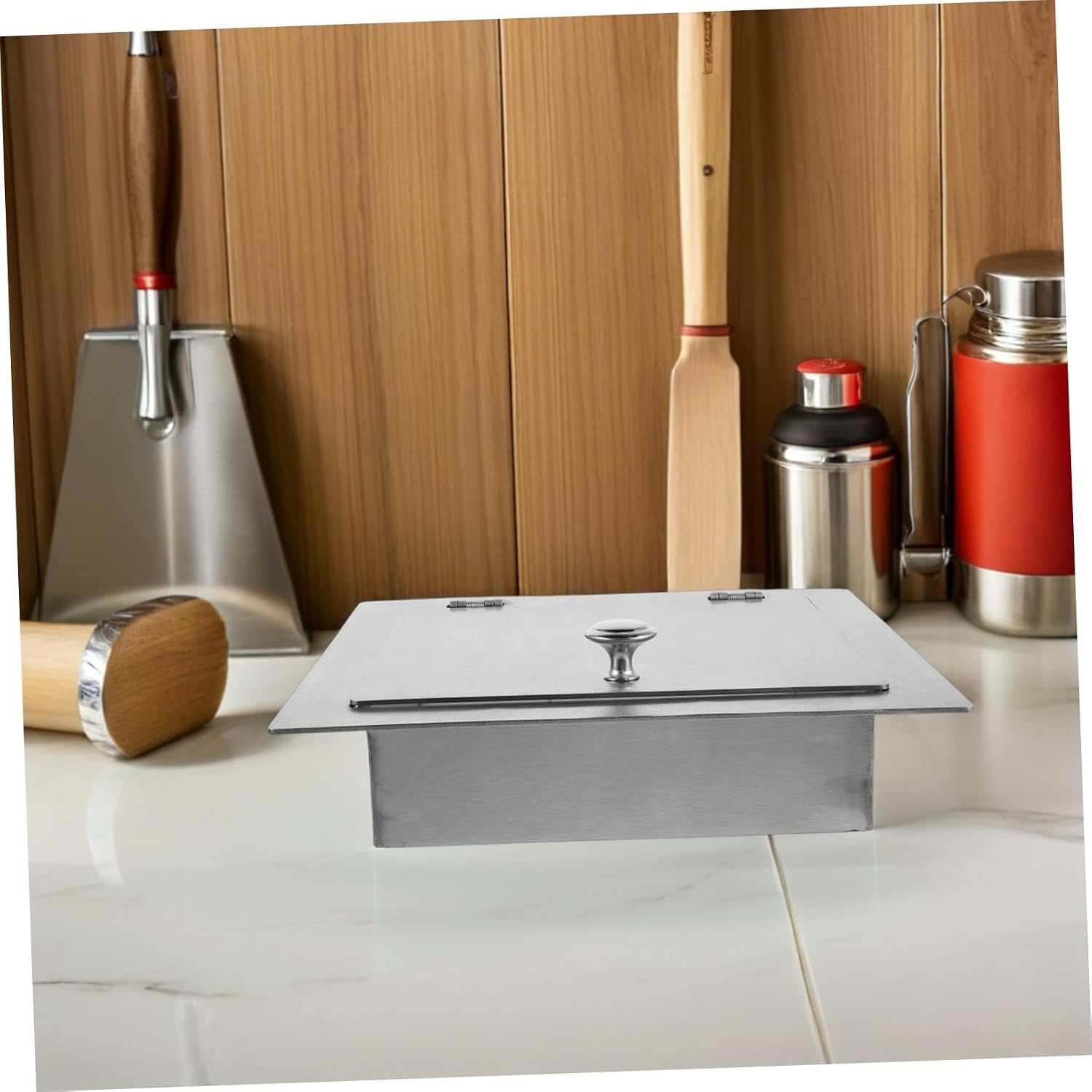 Beavorty Recessed Trash Bin Lid 9.45' Stainless Steel Flap Lid Trash Can Cover Square Built- Kitchen and Bathroom Countertop Use