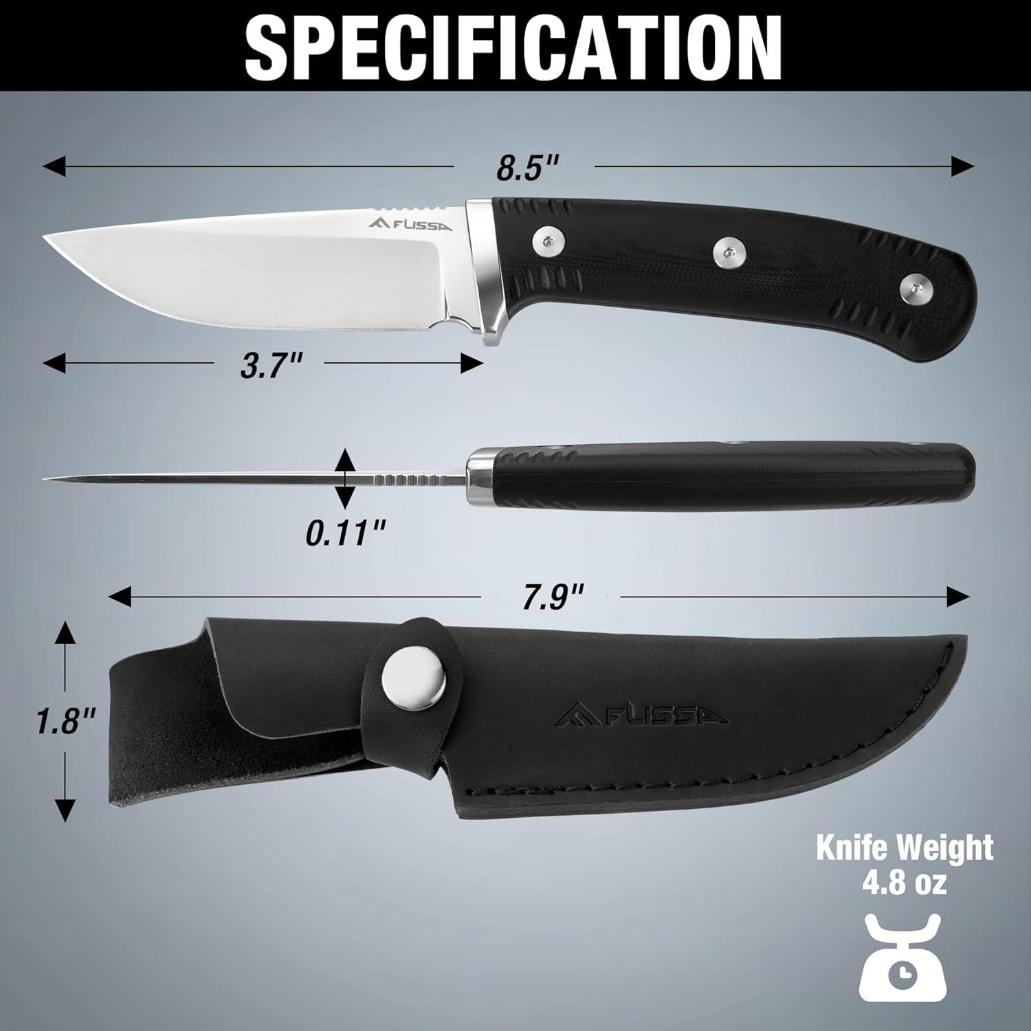 FLISSA Fixed Blade Knife with 3.7" Mirror Polished 14C28N Steel Blade, G10 Handle, Leather Sheath for EDC, Hiking, Camping, Fishing, Survival, for Men Women