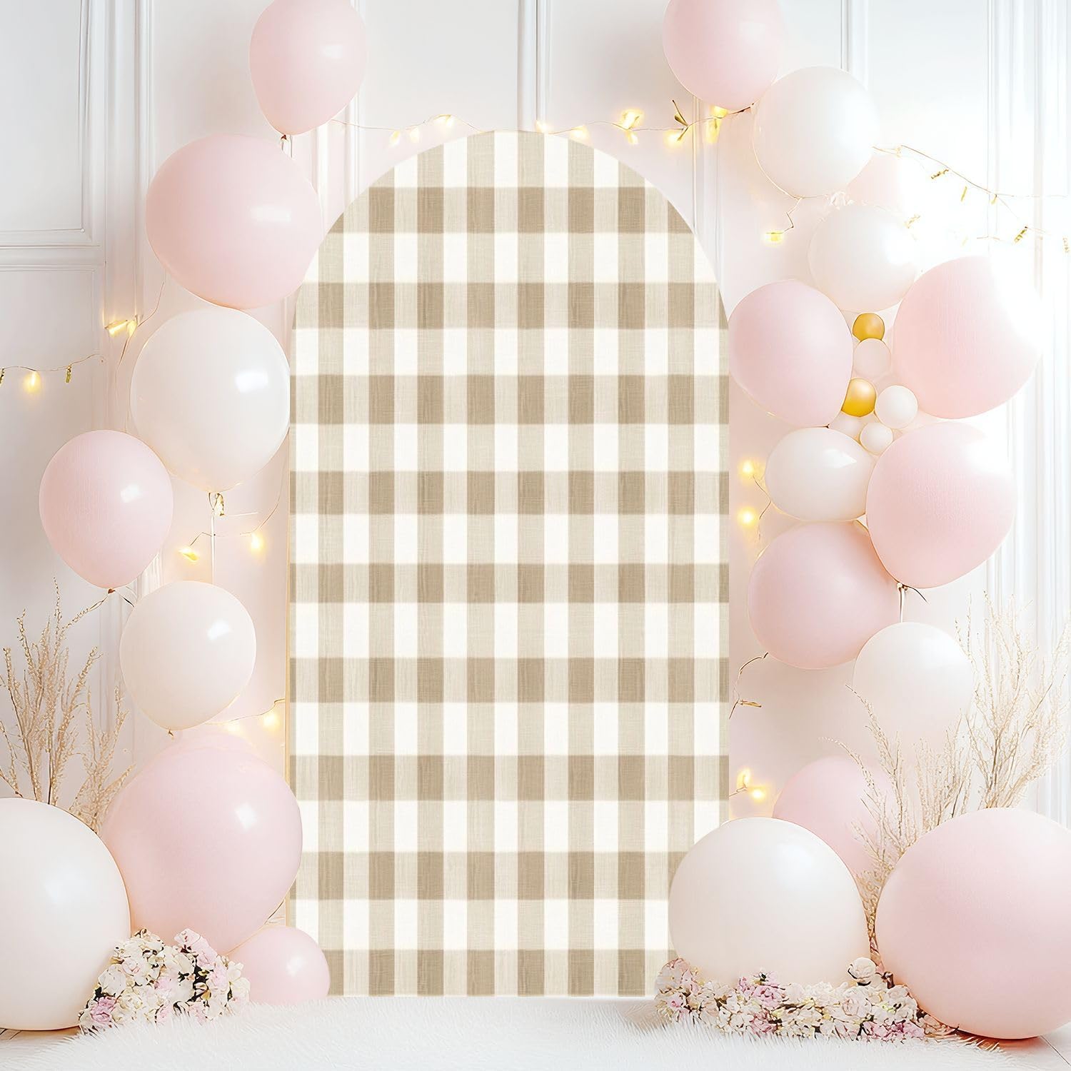 Wedding Arch Backdrop Cover 7.2FT Beige Gingham Pattern Seamless Pastel Check Plaid Beige White for Spandex Fitted Arch Cover Round Top Stands Cover for Birthday Party Ceremony Banquet Decoration