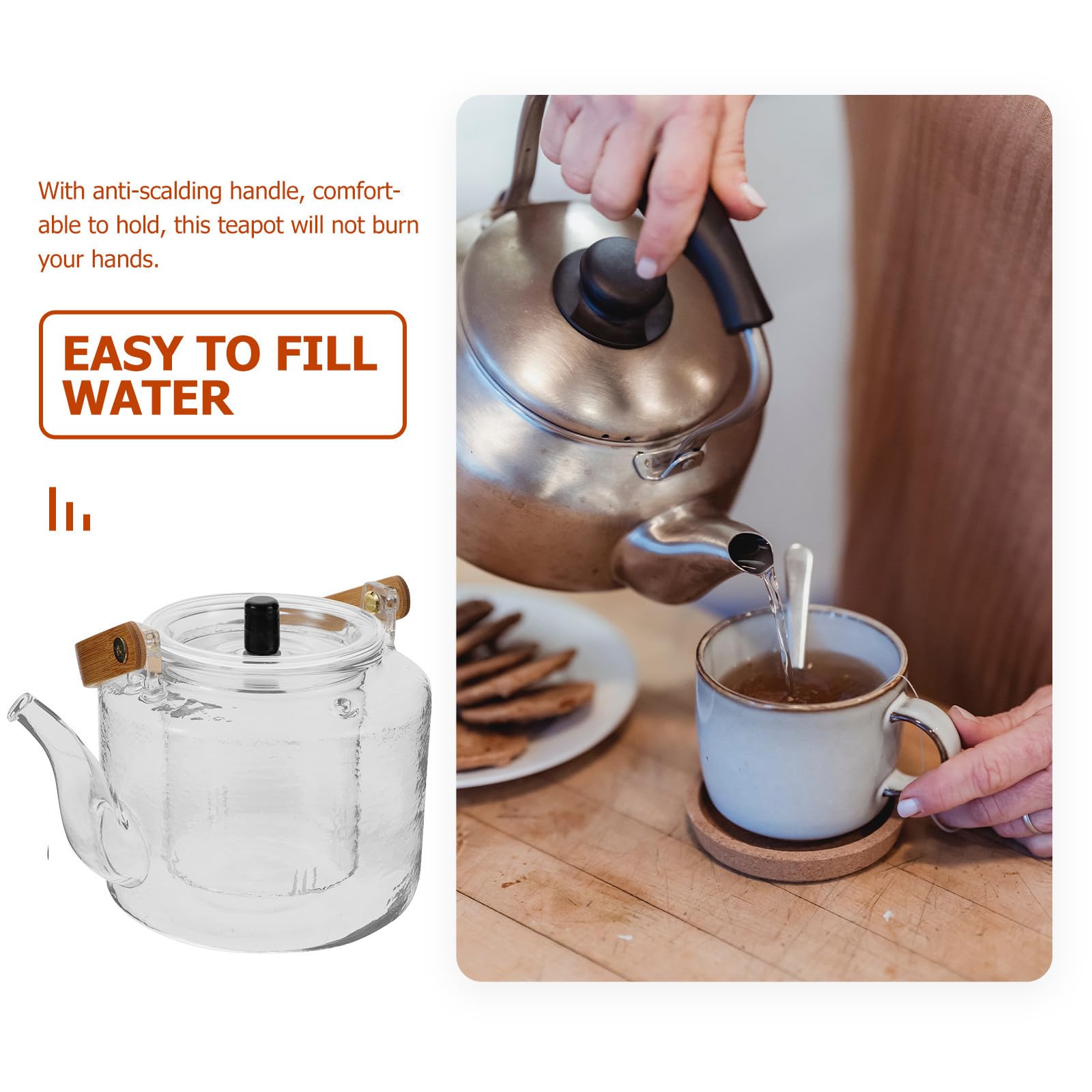 Tetera Doméstica de Vidrio Pequeña Mango Antiescaldaduras, Ligera y Resistente para Calentar Agua de 1000ml, Adecuada para Aficionados al Café y Té Negro
