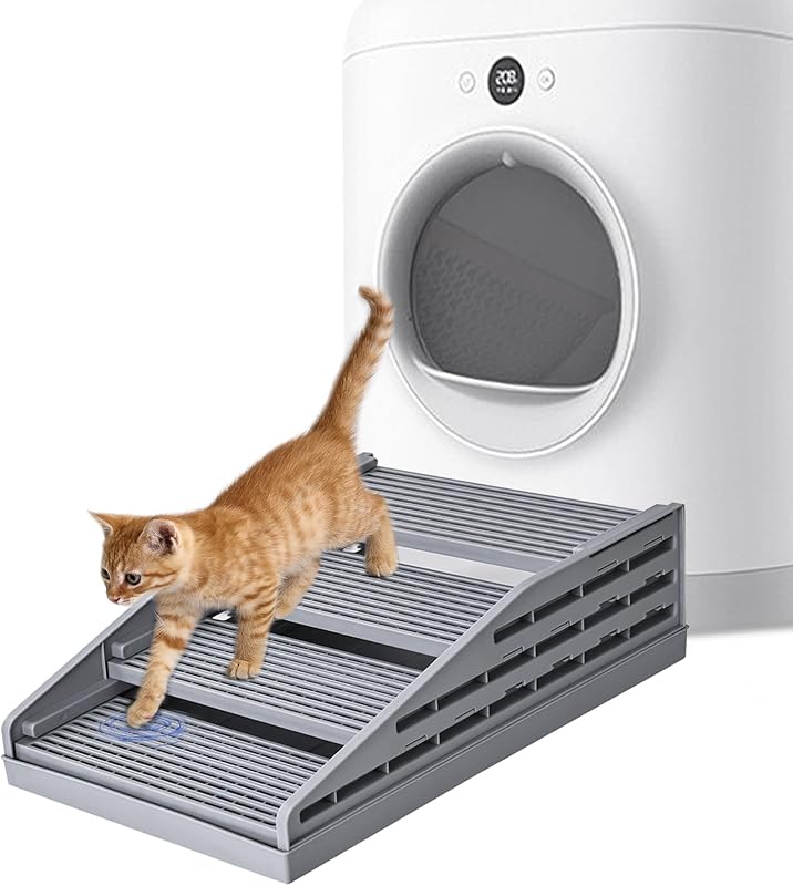 Escada Ajustável para Caixa de Areia de Gatos TAILRYTH com Bandeja Coletora e Base Antiderrapante, Cinza