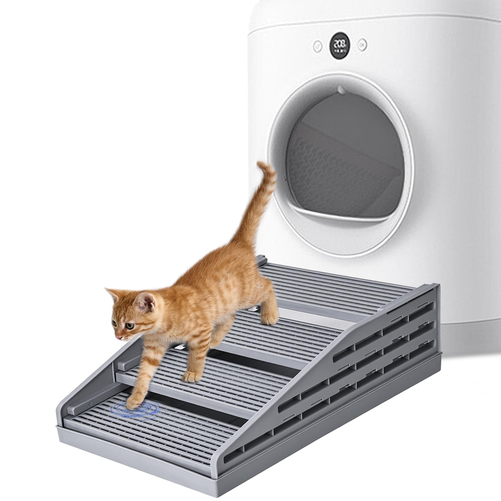 Photo 1 of TAILRYTH Adjustable Litter Box Step, Elevated Cat Ramp/Stairs with Filter Function, Anti-Tracking, Easy to Clean, Fits Automatic Litter Boxes, for Small & Elderly Cats, Non-Slip(Grey)