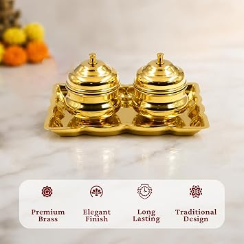 Spillbox Brass Leaf-Shape Puja Thali with 2 Attached Bowls|Sindhoor|Traditional Kumkum, Chandan, and Vibhuti Holder for Home Mandir | Religious Gift for Diwali and Weddings-Rectangle Leaf-2 Bowl