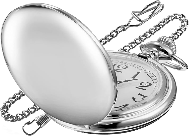 Reloj de bolsillo de cuarzo con cubierta lisa, esfera blanca digital romana de moda con cadena de cintura para hombres