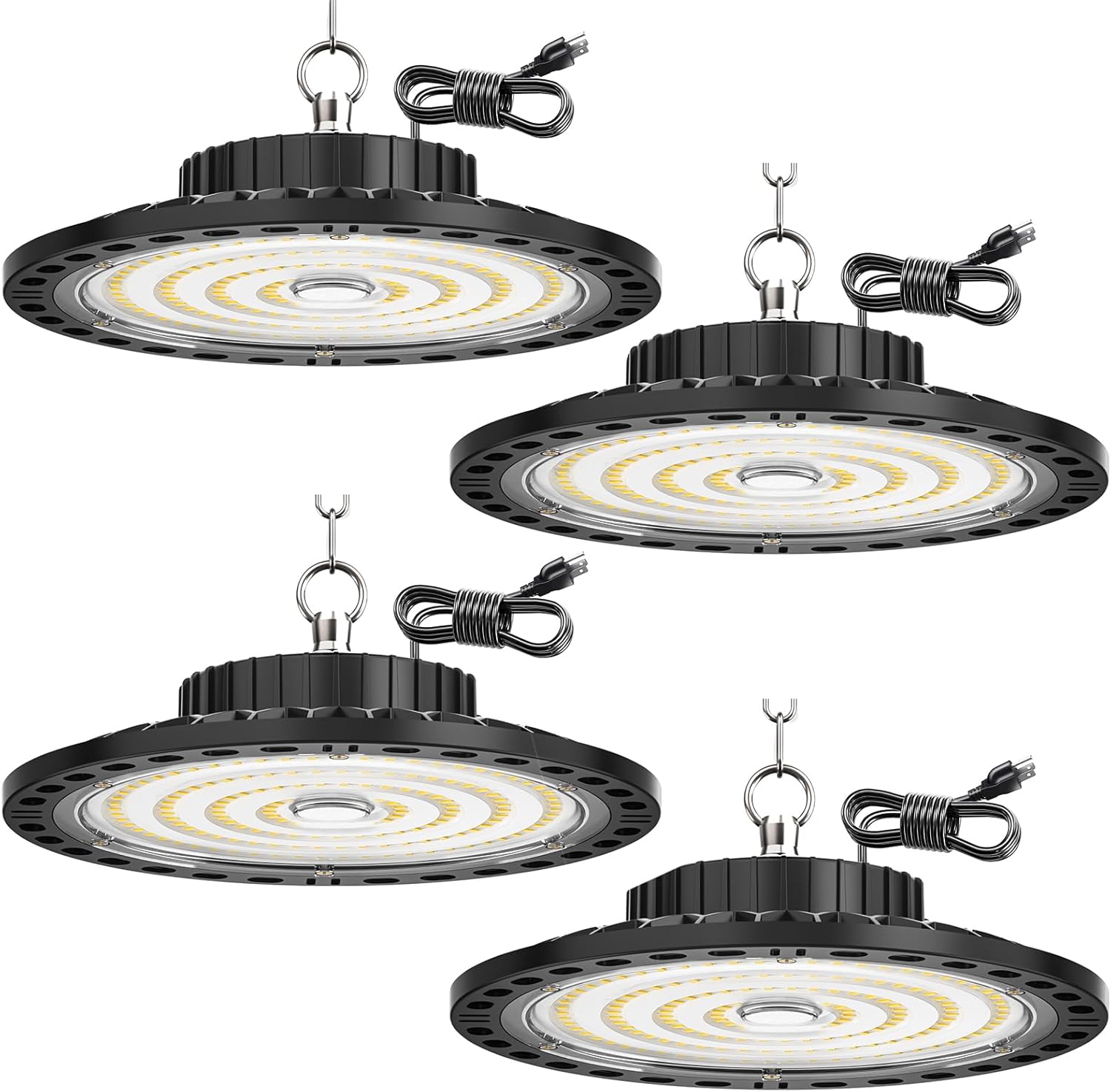 UFO LED High Bay Light 4 Pack - 100W 15000LM 6500K High Bay LED Shop Lights 85-265V with 6.56ft Plug Cord and Hanging Chain, IP65 Waterproof Garage Lighting for Workshop Gym Barn Warehouse