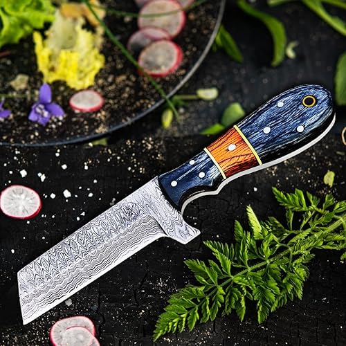 Miniatura 9 de Cuchillo de caza de acero de Damasco con funda para cinturón, cuchillo cortador de toros afilado hecho a mano de 8 pulgadas, cuchillo de hoja fija