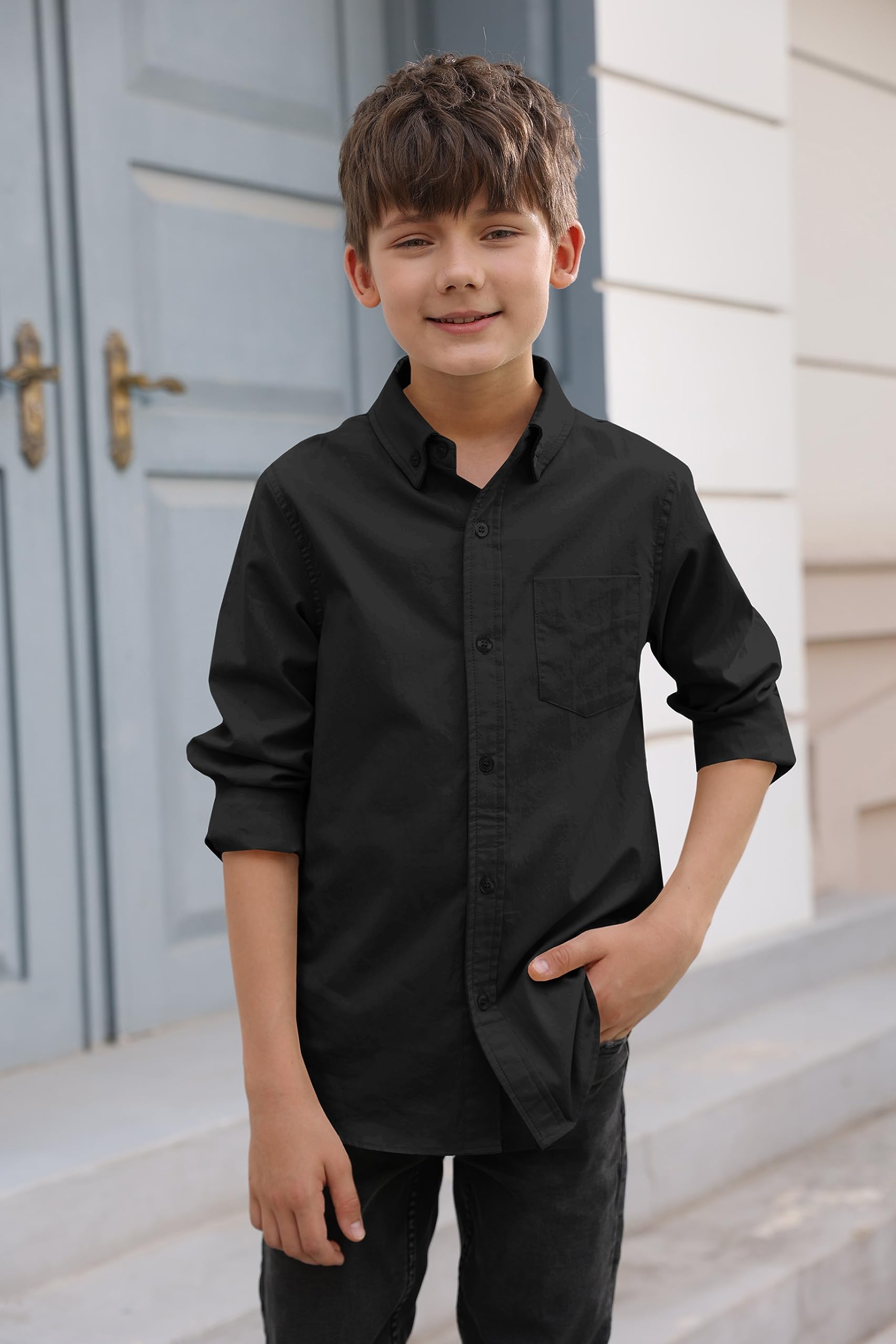 Camicia a maniche lunghe, in cotone, casual, per bambini, tinta unita, con tasca sul petto