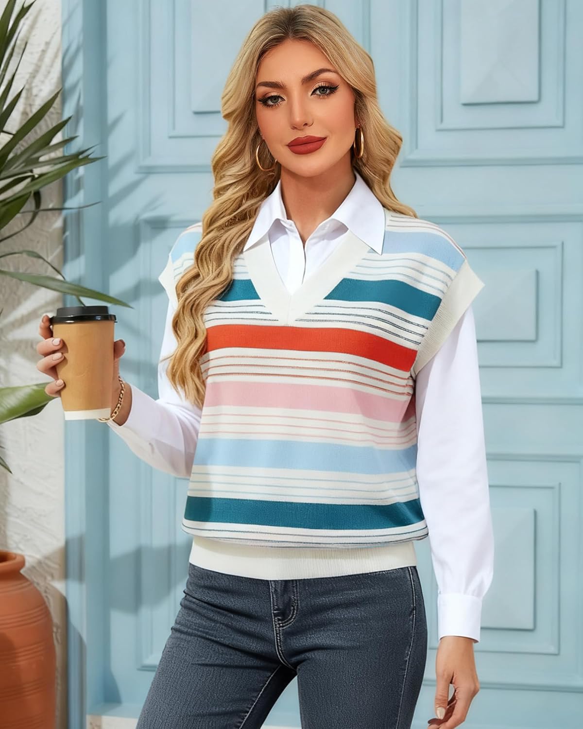 Womens Cap Sleeve Sweater Vest Striped Color Block V Neck Sleeveless Tank Top Loose Summer Sweater Vest Tops - Image 3