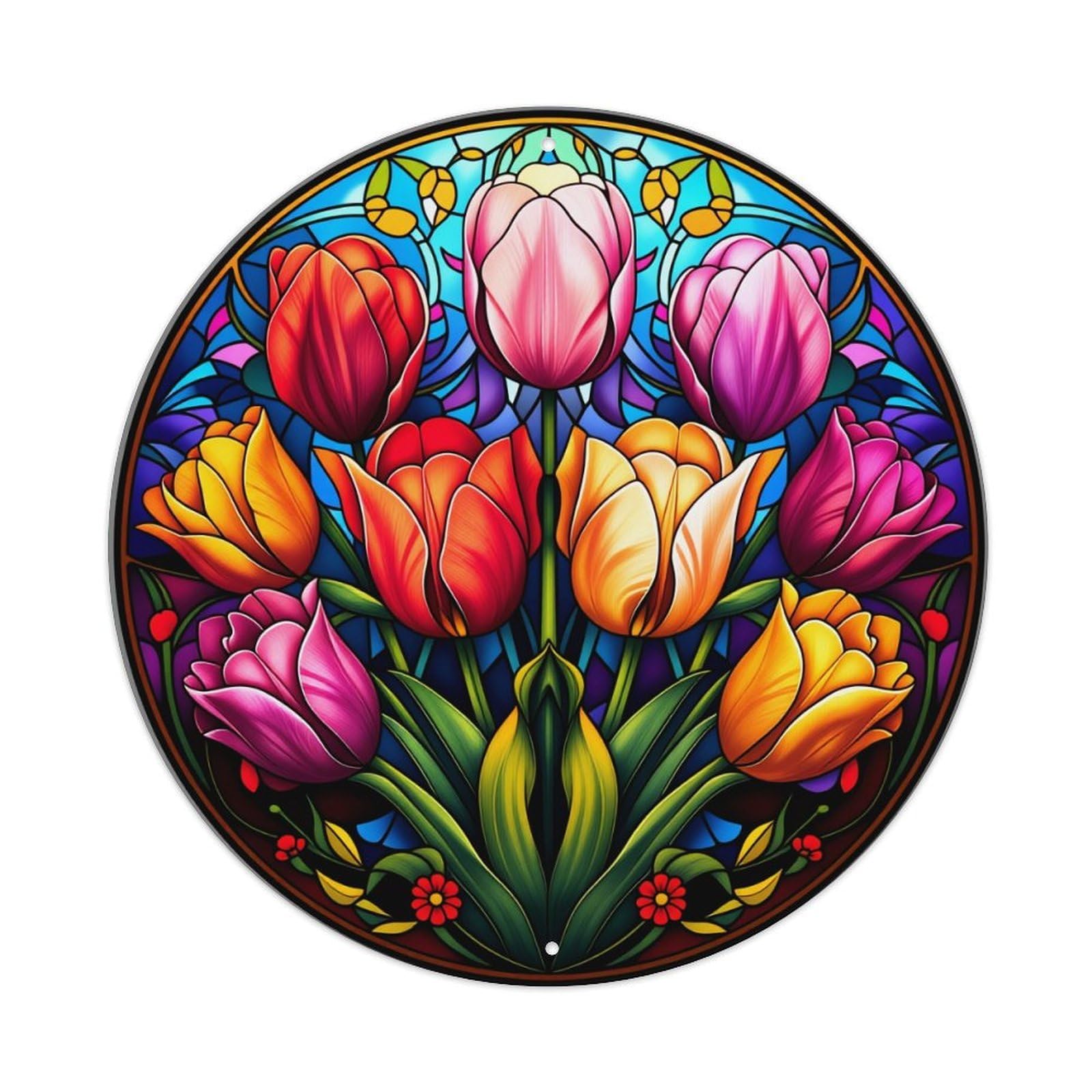 Colorful Tulip Floral Stained Glass Pattern Round Tin Sign Vintage Metal Poster Retro Bar, Home, Man Cave, Kitchen, Laundry Room Wall Art Decor Gift 8x8Inch