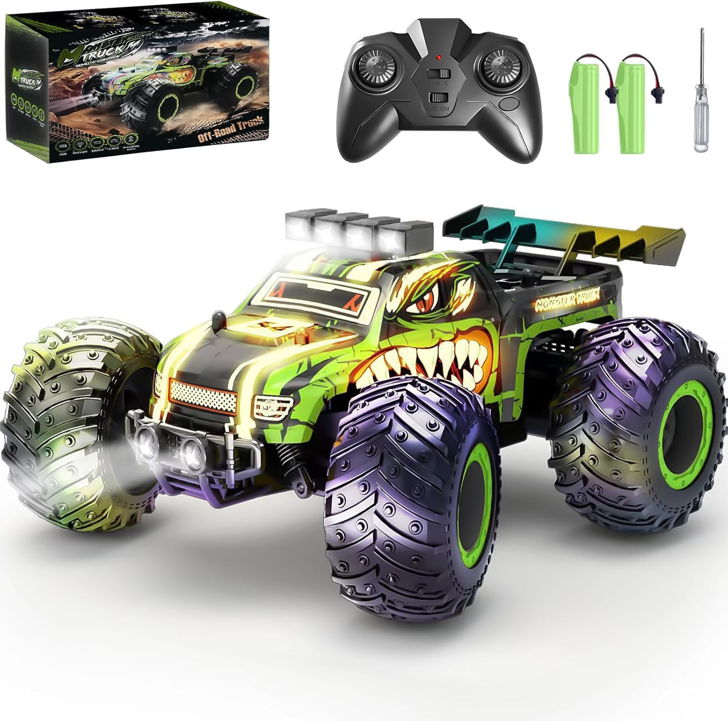 Coche Teledirigido para Niños, Monster Truck Teledirigido a 20 km/h con 2 Faros y 2 Baterías, Coche RC Todoterreno Dinosaurio 2,4 GHz para Niños de 6 a 12 Años