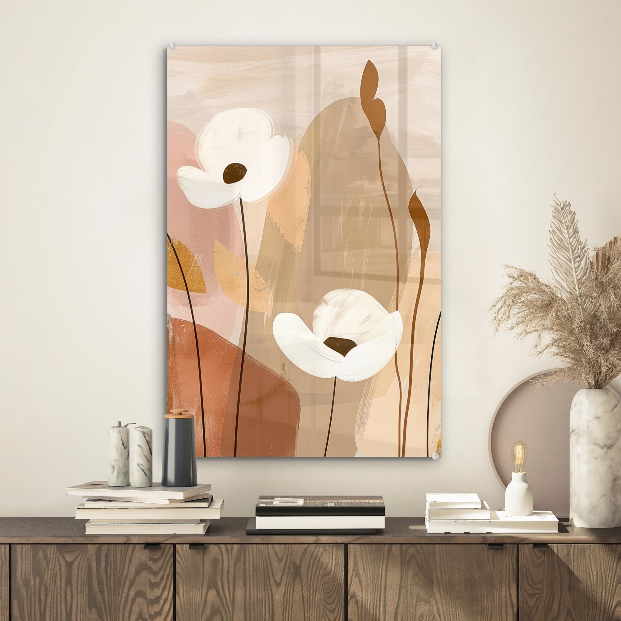 MuchoWow© Quadri Grande Formato 40x60 cm Mini Poster Parete Moderno Interno Stampa Foto Su Vetro Salotto Cornice Murale Arredamento Fiori - Astratto - Beige - Arte