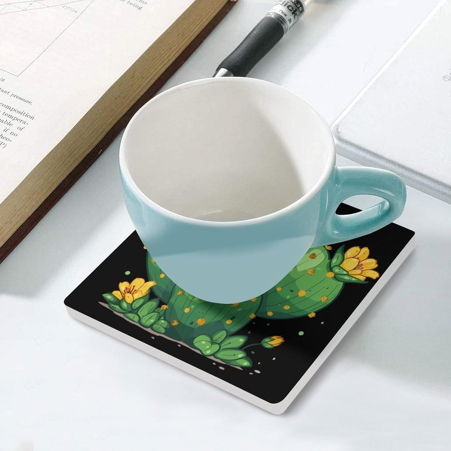 Cactus with Yellow Desert Flower Coaster for Drinks Square Ceramic Table Coasters Stone Mat Crafts 4PCS Home Kitchen Decor