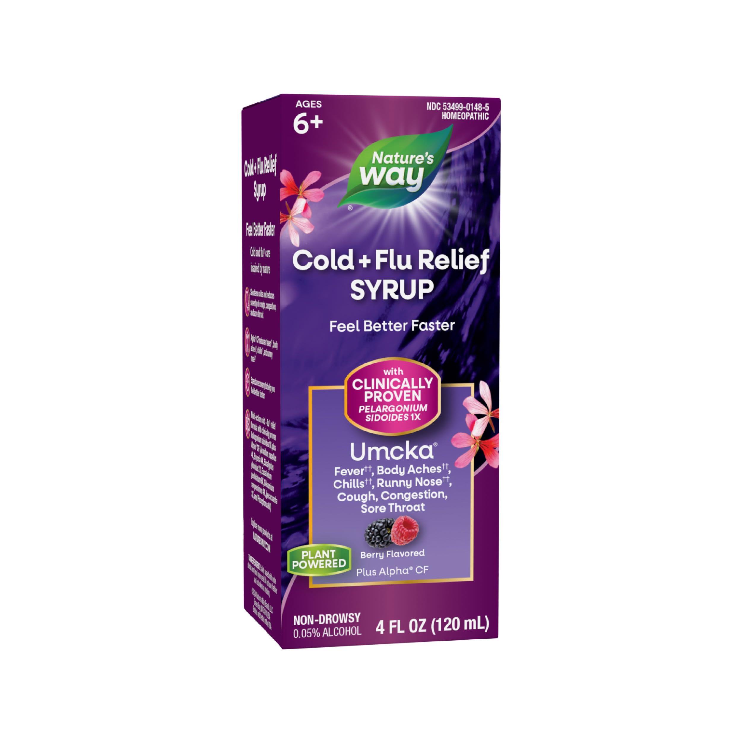 Umcka Cold+Flu Relief Syrup, Fever*, Sore Throat, Cough, Congestion, Body Aches*, Homeopathic, Phenylephrine Free, 0.05% Alcohol, Berry Flavored, 4 Fl Oz (Packaging May Vary)