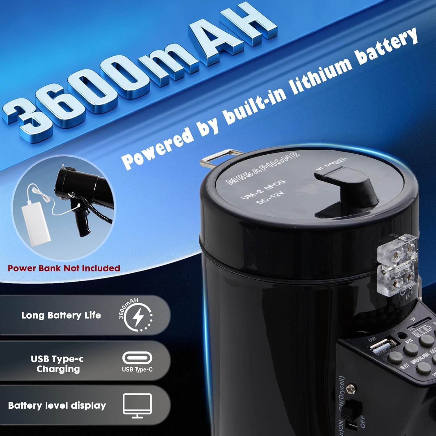 50W Rechargeable Megaphone Bullhorn Speaker with Siren and 260s Recording, Supports BT, TF, AUX Input and Power Display, Come with Strap and Type-C Cable, for Police, Rescue (Black)