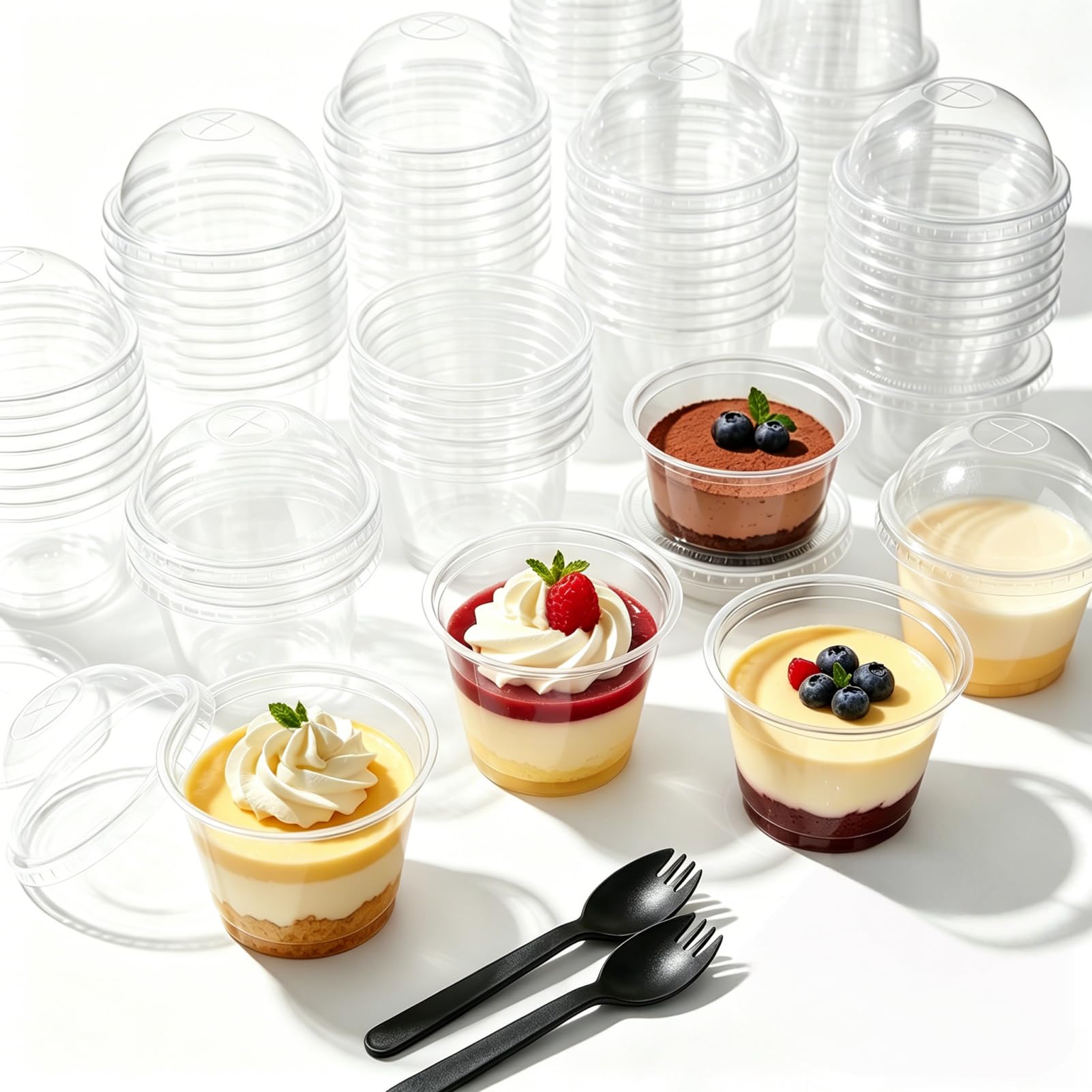 Bicchieri da dessert in plastica, 50 pezzi, 260 ml, in plastica, con 50 pezzi con coperchio a cupola, riutilizzabili in plastica, per gelato, budino, mousse