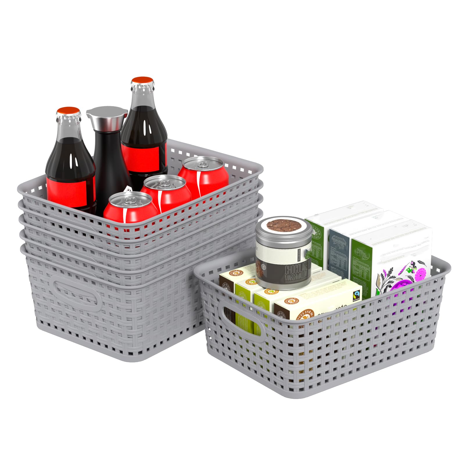 Xeabia 6 Packs Plastic Woven Storage Baskets, Small Weave Baskets For Bathroom, Cupboard, Kitchen, Grey
