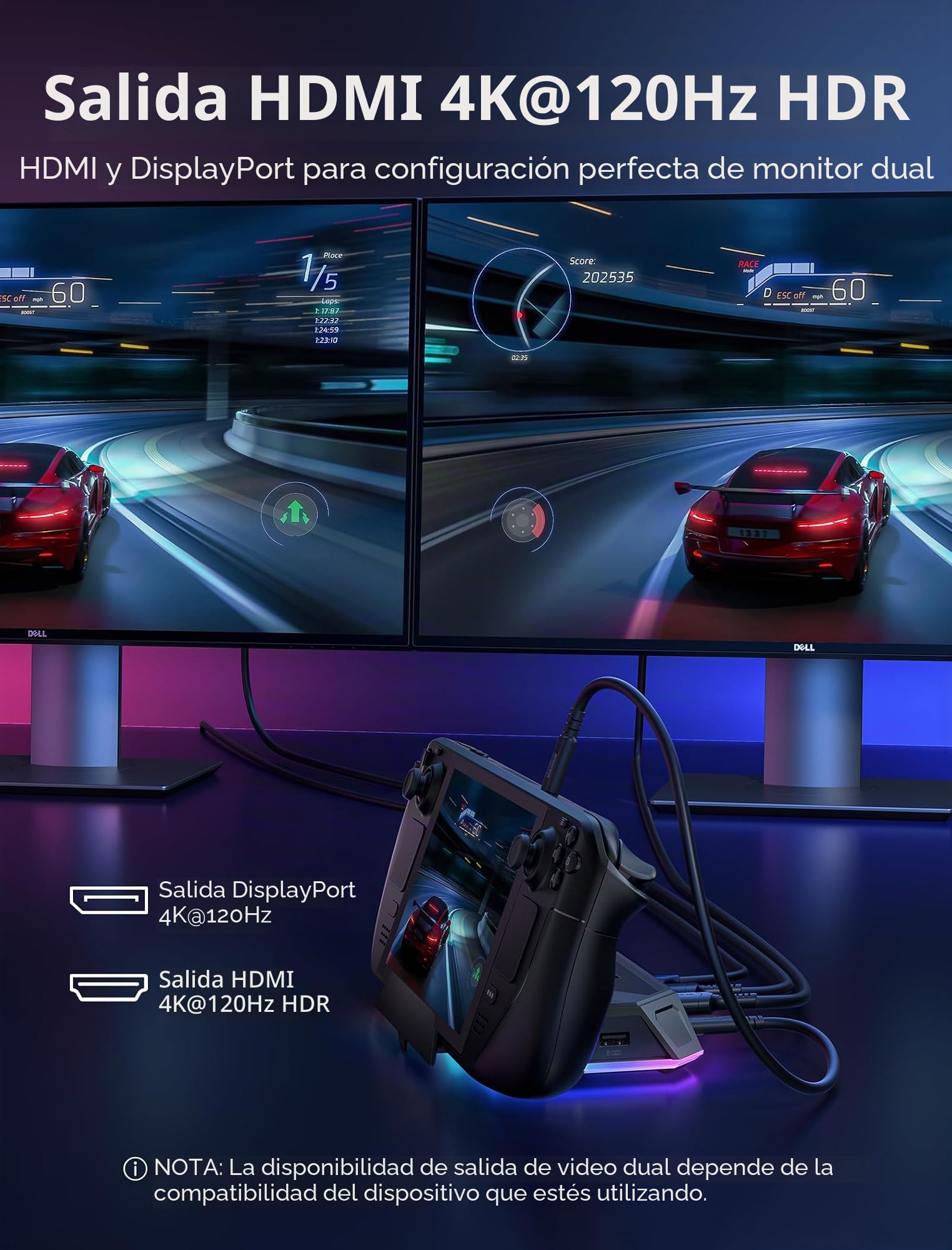 JSAUX Estación de Acoplamiento RGB para Steam Deck OLED, ROG Ally y Legion Go, Dock Portátil 12 en 1 con HDMI y DisplayPort 4K 120Hz, Ethernet Gigabit, USB C 3.2, USB A 3.2, SD TF, Jack 3,5 mm, Negro