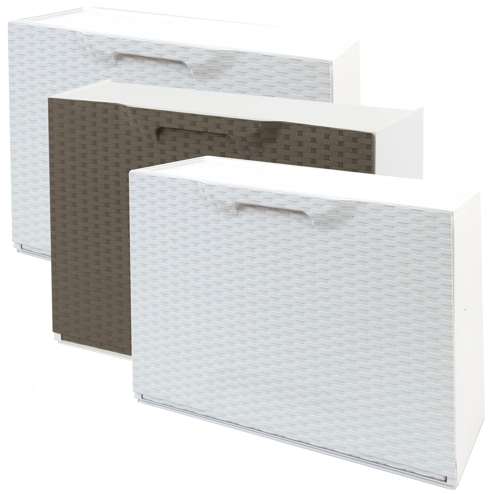 WELL HOME MOBILIARIO & DECORACIÓN Pack de 3 zapateros color blanco y zapatero en color marron de polipropileno ACABADO RATTAN