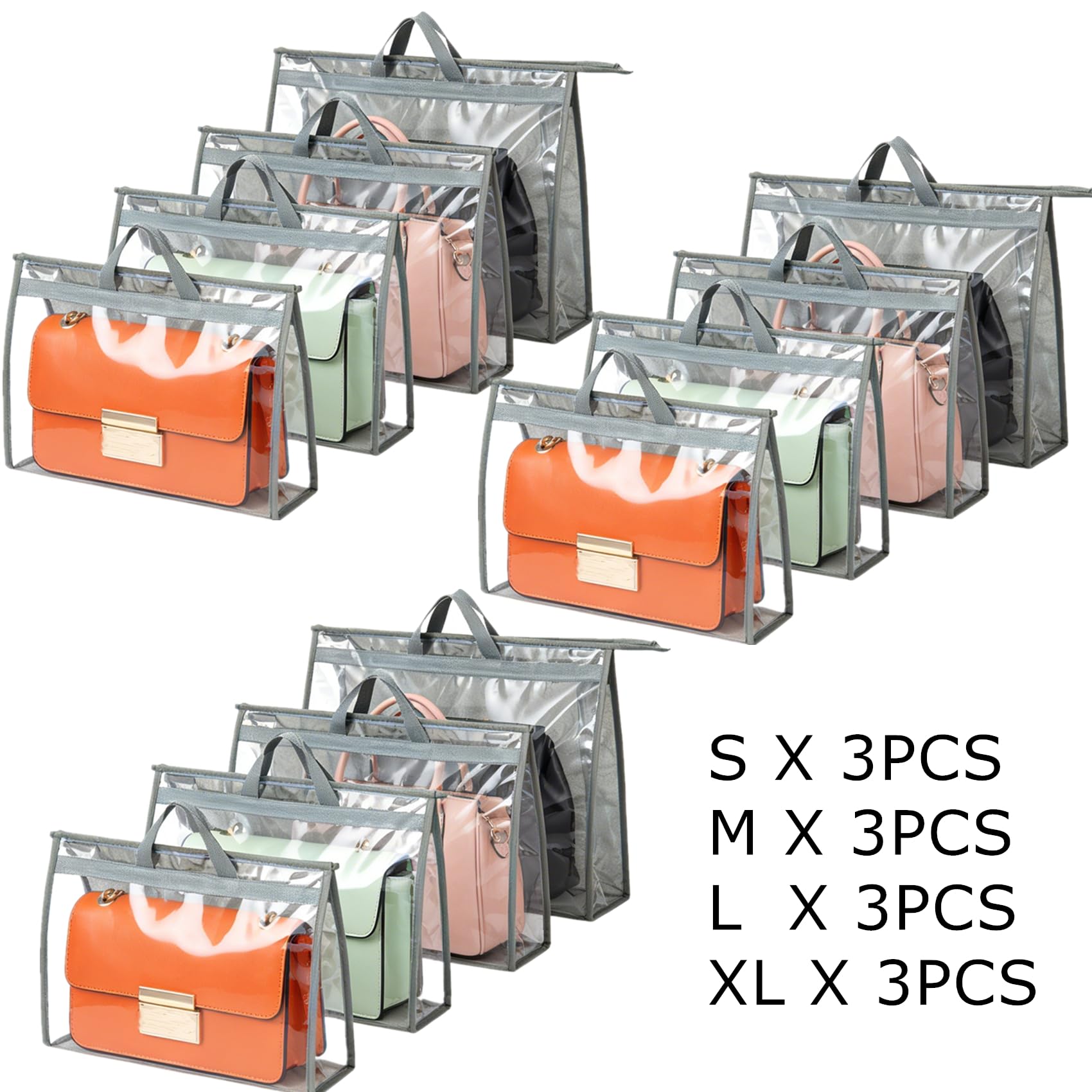 Paquete de 12 bolsas de polvo para bolso, bolsa organizadora de almacenamiento transparente para armario con cremallera y asa, bolsa de 4 tamaños para colgar contra el polvo para bolso,