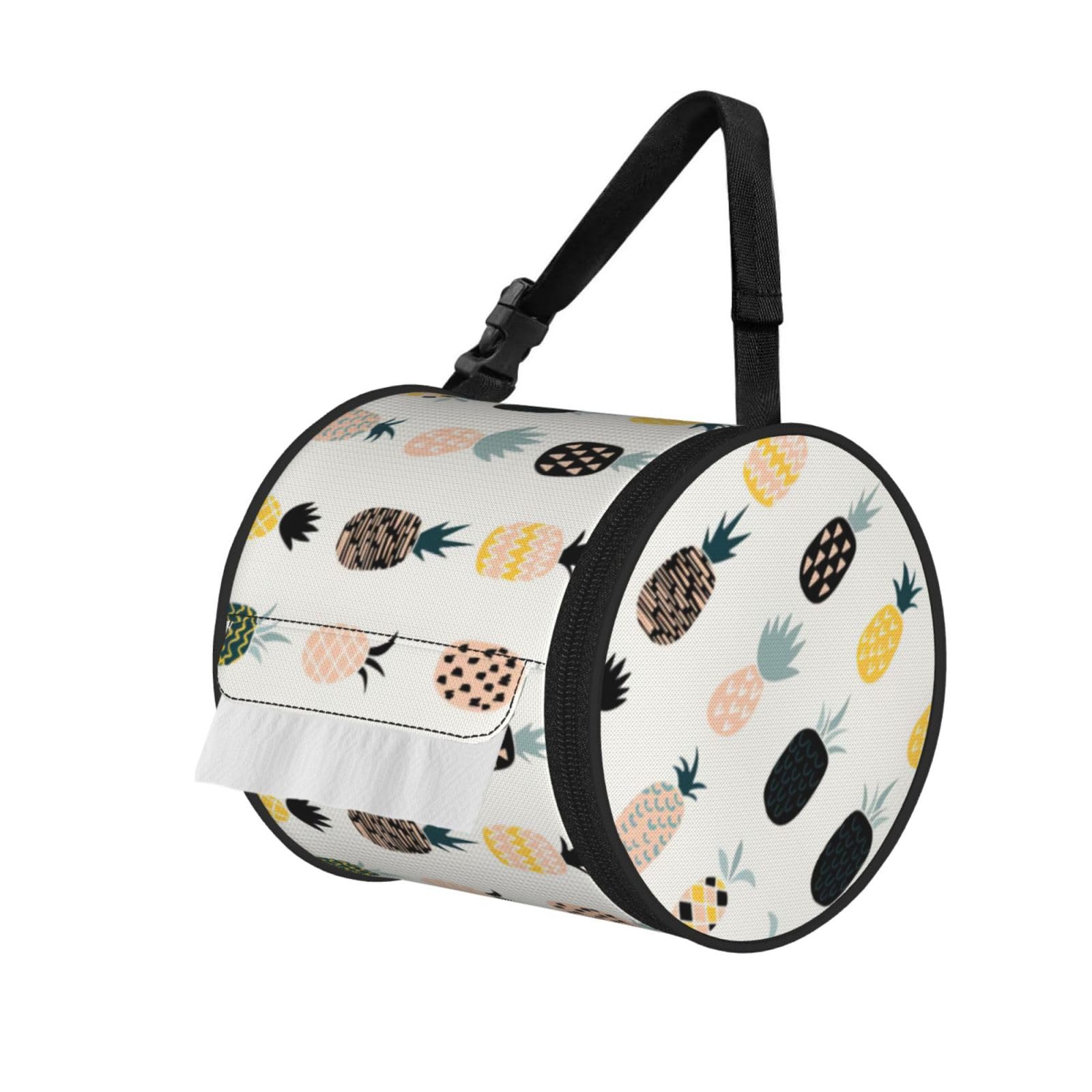 Pineapple Print Cylinder Tissue Holder Bag With Strap, Portable Roll Dispenser Case For Car Rv Camping