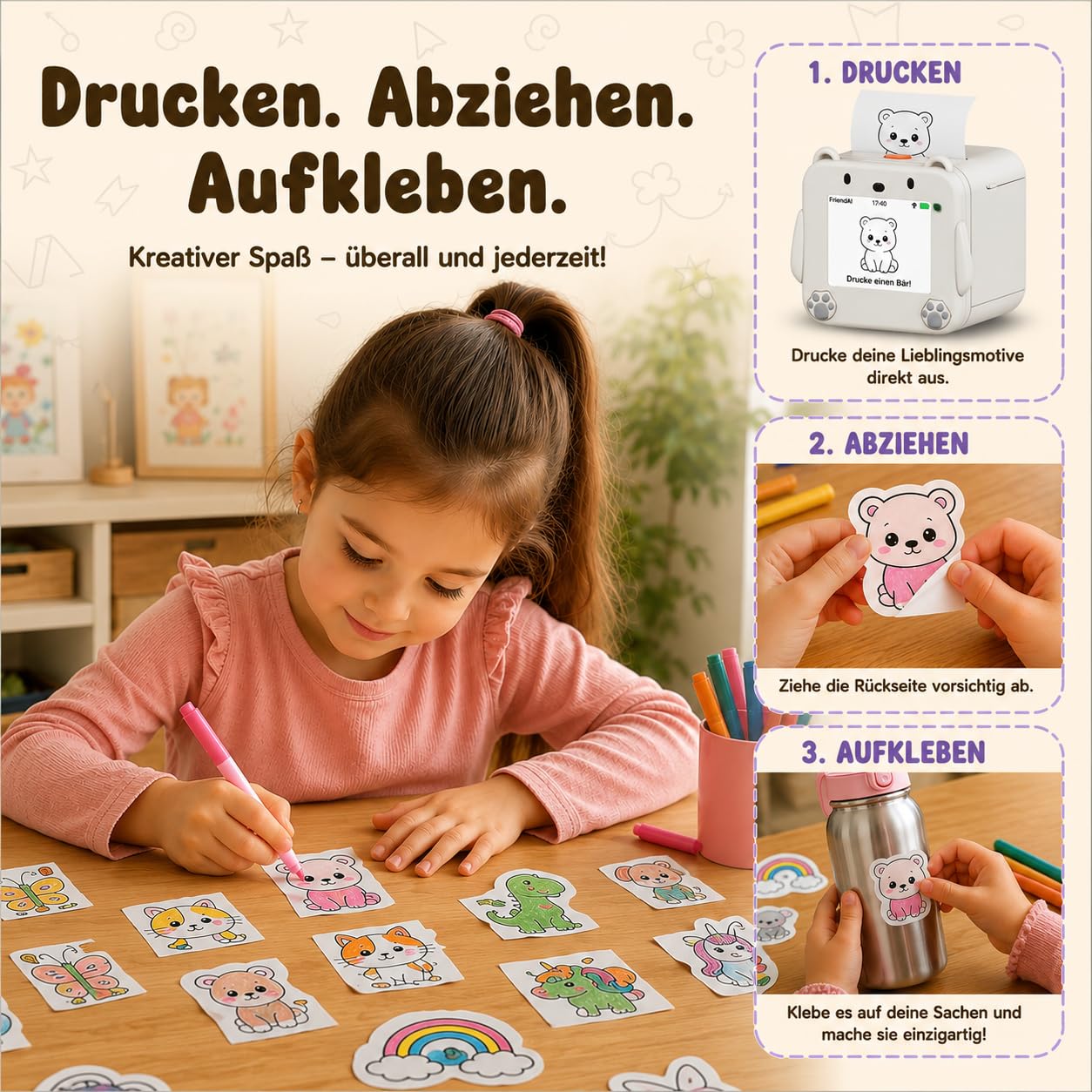 MMOBIEL KI Voice Sticker Drucker für Kinder Tintenloser Sticker Printer im Bären-Design mit App, Sprachsteuerung, 20 Sprachen & 6 Zeichenstile – Printer für Fotos, Notizen, Etiketten & DIY