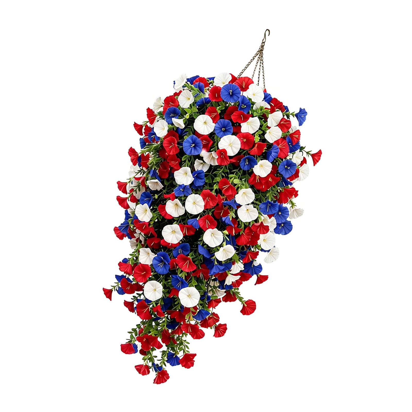 Tsophreniq Colorful Faux Petunias Flower Arrangement in Basket 250th Anniversary Patriotic Flowers for 4th of July Displays Patriotic Hanging Flower Basket