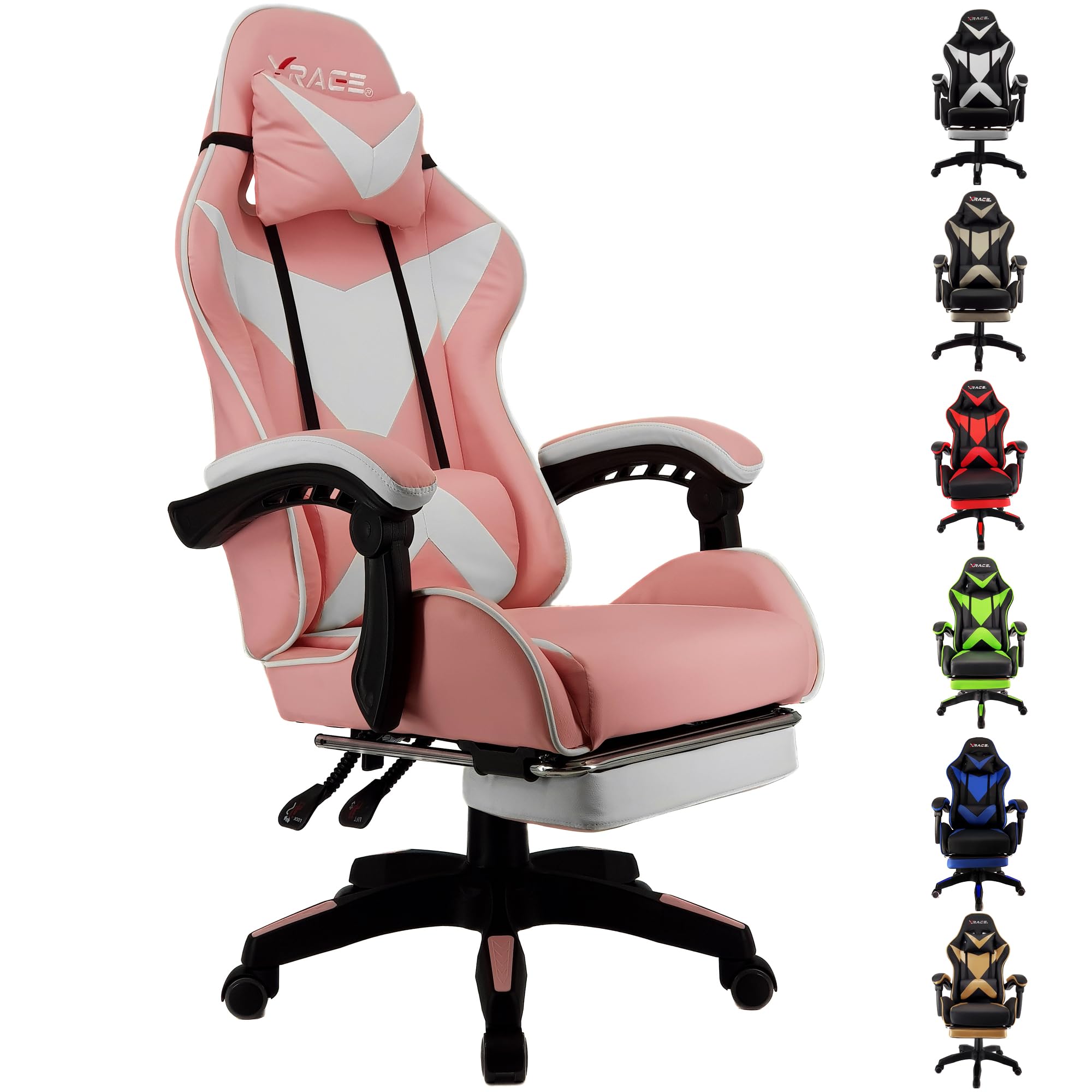xRace Gaming Stuhl, Bürostuhl, Ergonomischer Pc Stuhl, Gaming Sessel aus Leder mit Lendenwirbelstütze, Verstellbarer Drehbarer, Task Stühle mit Fußstütze und Kopfstütze, Rosa
